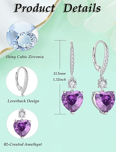 Miniatura 6 de Vesitim Solitaire Heart Dangle Earrings 925 Sterling Silver Heart-Shaped Birthstone Gemstones Leverback Earrings for Women Jewelry Gift