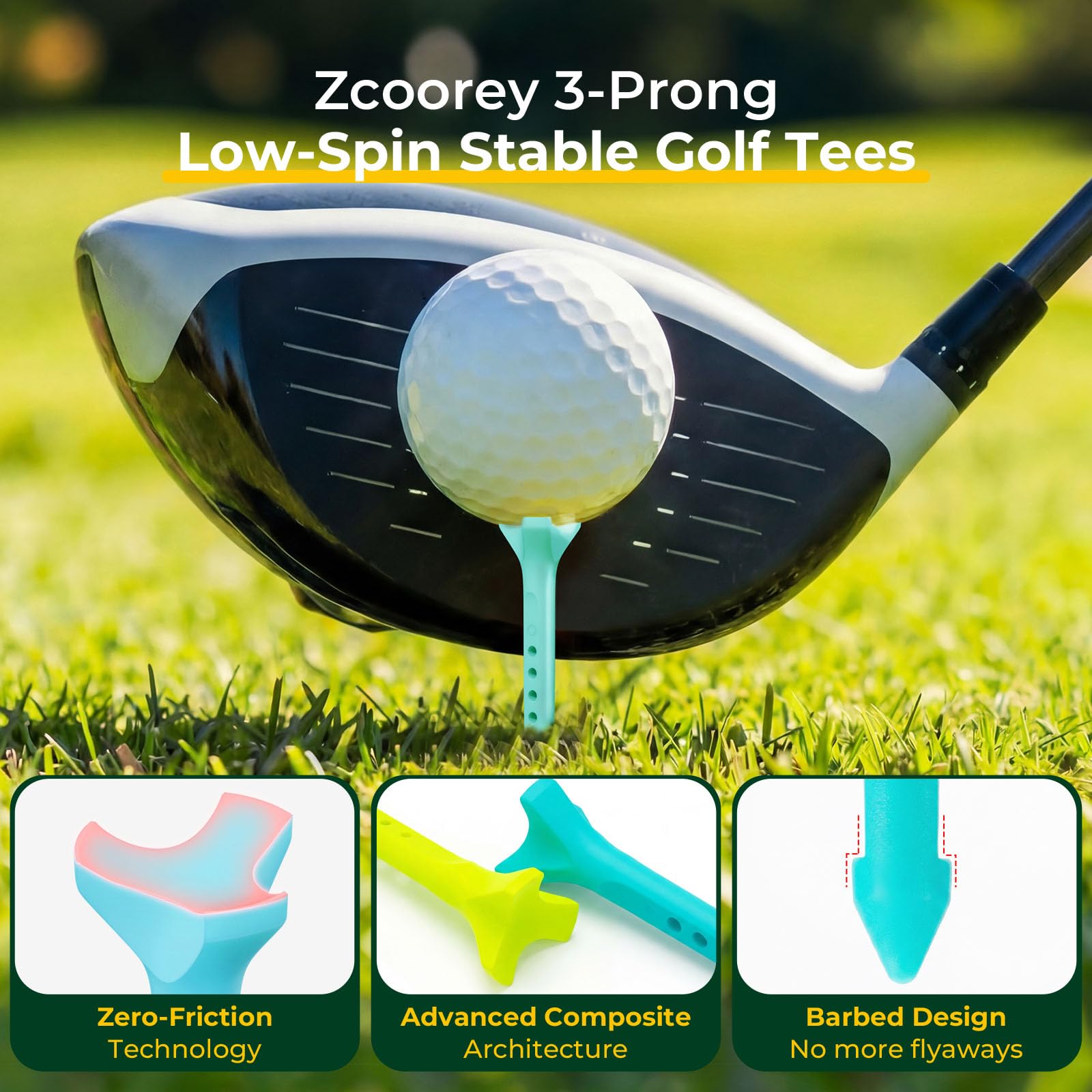 Paquete de 50 camisetas de golf de 3.25 pulgadas, de plástico de 3 puntas de giro bajo, reducen la fricción para viajes más largos, compuesto duradero, punta de púas antivuelo, altura