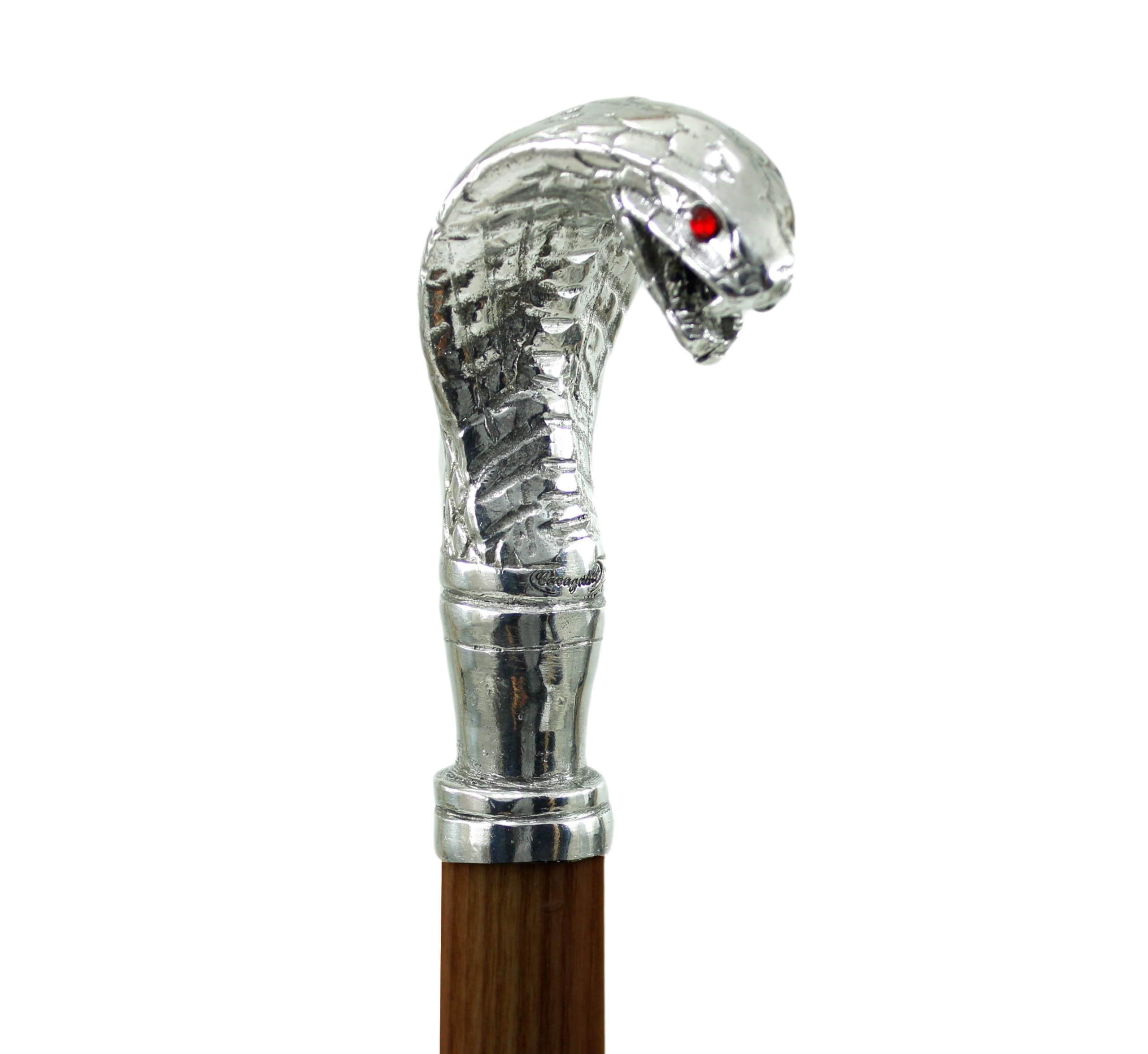 Bastón de peltre y madera modelo cobra elegante para hombre