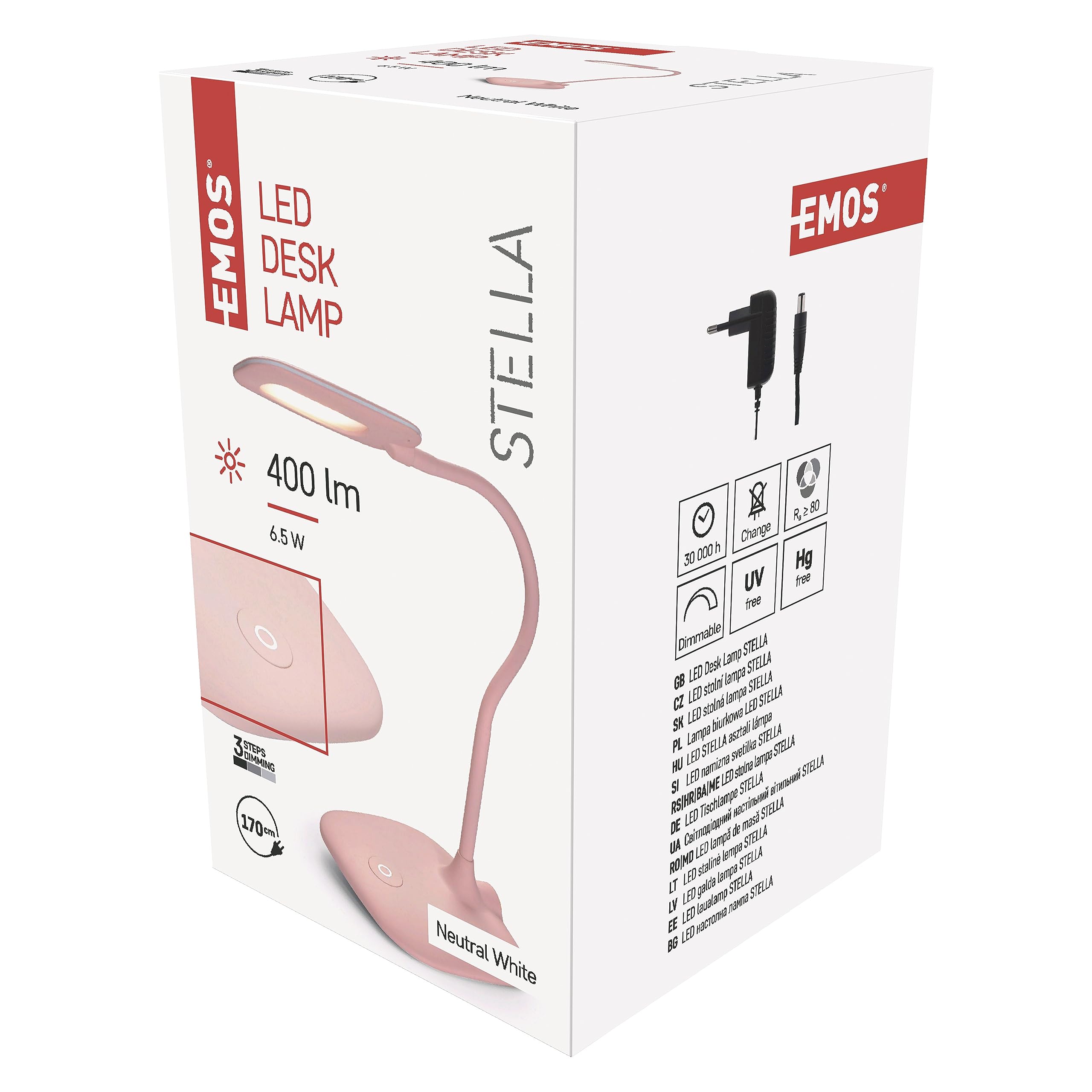 EMOS Lampada da tavolo a LED dimmerabile STELLA 6,5 W, luminosità max. 400 lm, colore luce 4000 K, braccio flessibile, cavo di alimentazione da 1,7 m con adattatore europeo, CRI>80, durata della luce
