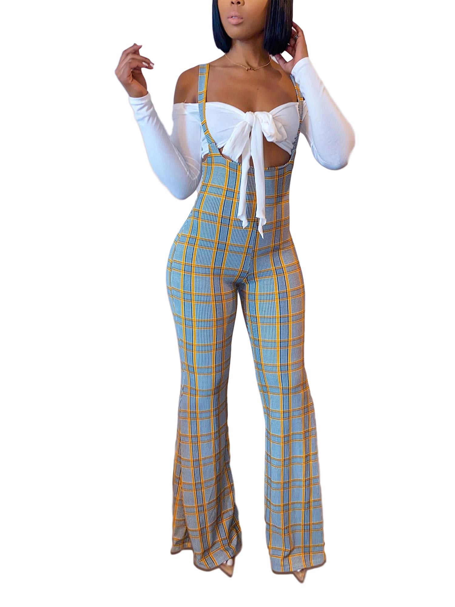 Women Crop Top Plaid Flare Bell Jumpsuit 2 Pcs Set Suspender Romper Long Sleeve Bowknot Sexy Overalls Suits
