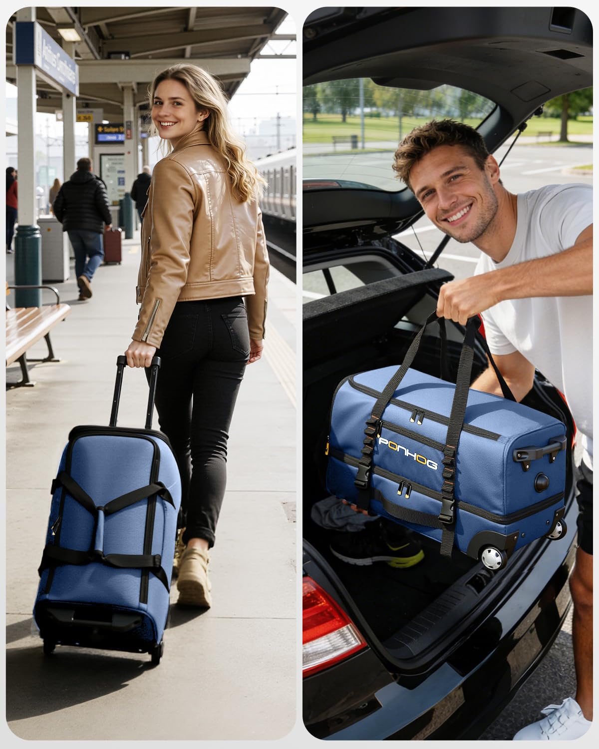 Ponhog Reisetasche mit Rollen - Trolley Sporttasche, Rolltasche mit Schuhfach und Wasserabweisend für Reisen, Fitness, Übernachtung, Ausflug, Wochenendausflug