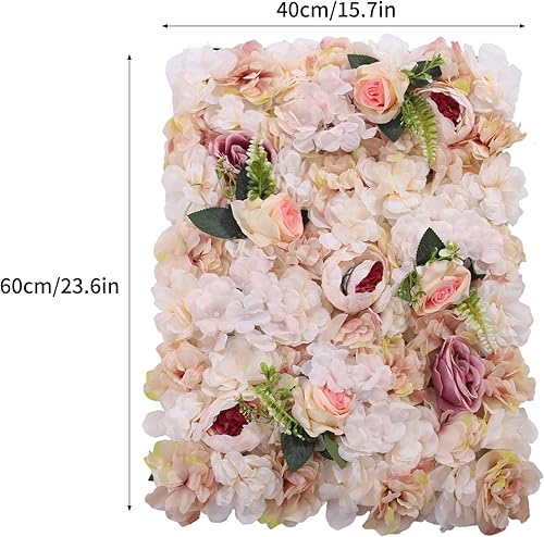 Miniatura 5 de Juego de paneles de pared de flores, 6 piezas de rosas falsas y hojas de flores de peonía, 24 x 16 pulgadas (rosa, amarillo)