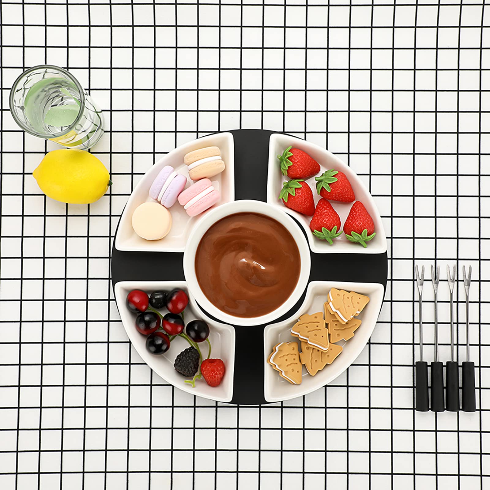 Fondue de Chocolate-300ml Cerámica Blanca Juego de Fundidor de Queso de Cuadrado con 4 Tenedores y 4 Platos con Plato de Madera 11 Piezas para Chocolate Mantequilla y Queso (sin Vela)