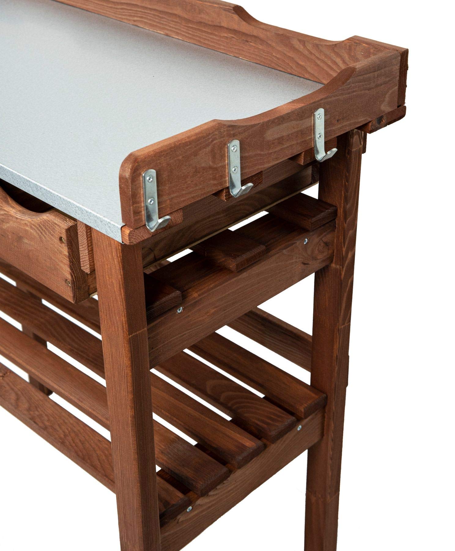 mgc24® Plantentafel met verzinkt werkblad - 78 x 38 x 82 cm van grenenhout donkerbruin, met legplank / 3 laden / 3 haken - voor tuin, balkon, terras