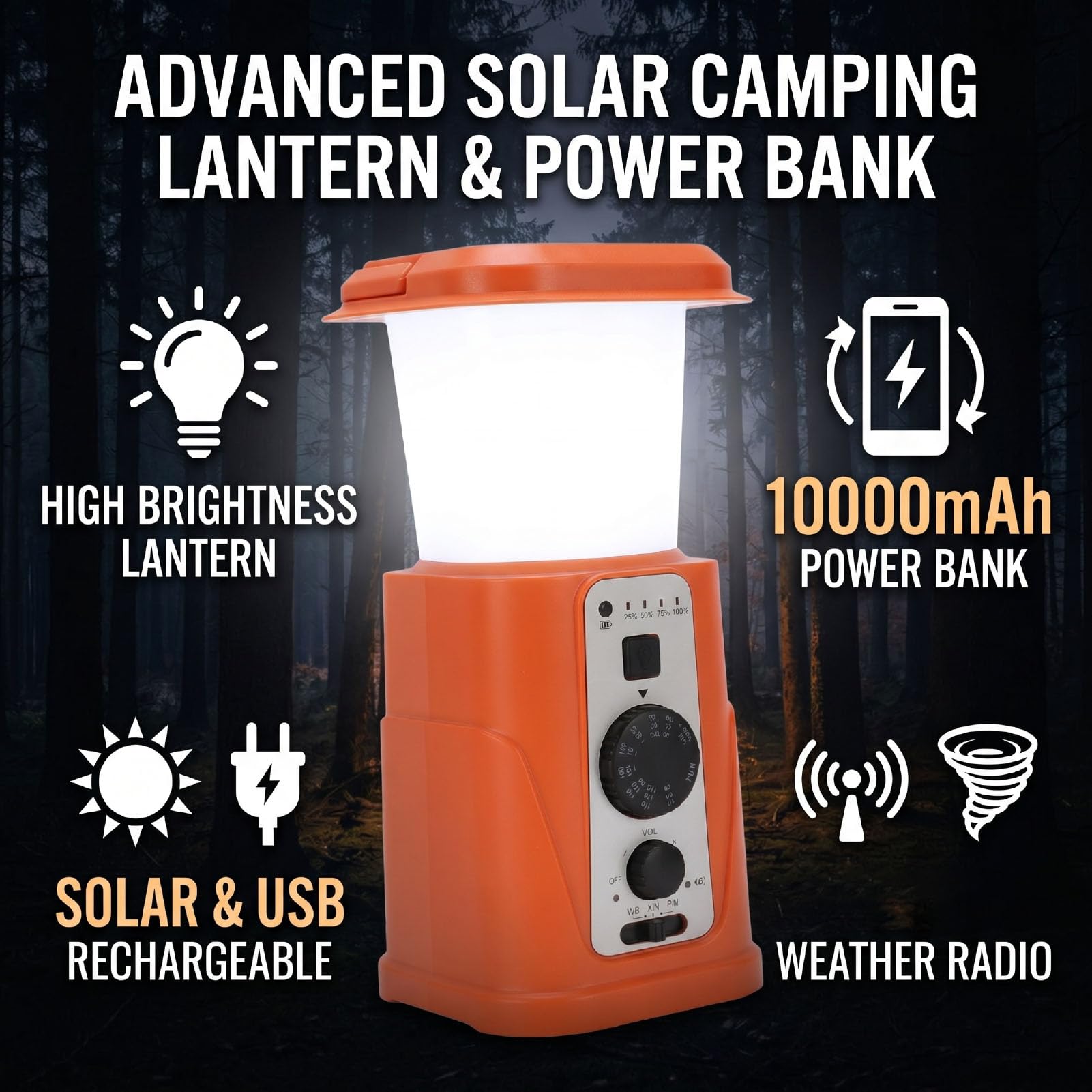 Jectse Lanterna da Campeggio Solare, Power Bank da 10000 MAh a Manovella USB Ricaricabile, con Radio Meteorologica e 3 modalità di Illuminazione, per Campeggio Escursionistico di