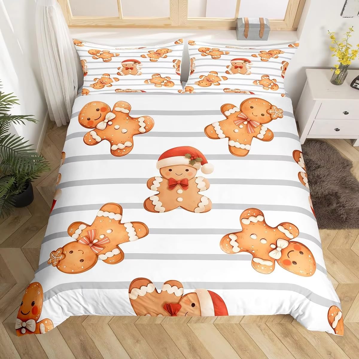 Housse de couette joyeux Noël double en lit gingerbread et rayures
