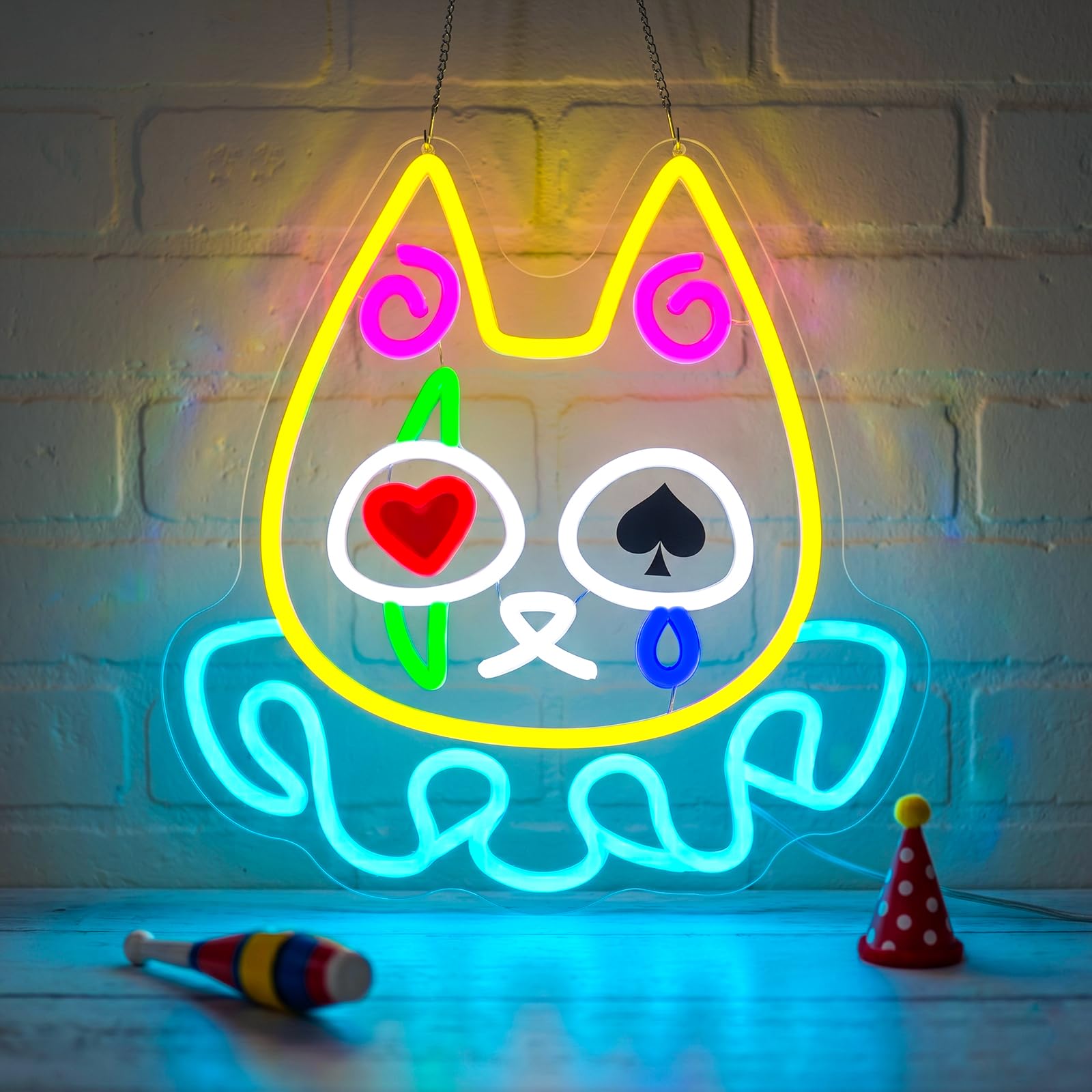 Lxmoneon Clown Cat Neon Sign, Poker Cat Neon Signs for Wall Decor, Dimmable Funny Animal Neon Sign, USB Powered Cat Led Neon Light for Bedroom Kids Room Game Room Club Bar Party Kawaii Decor Gift