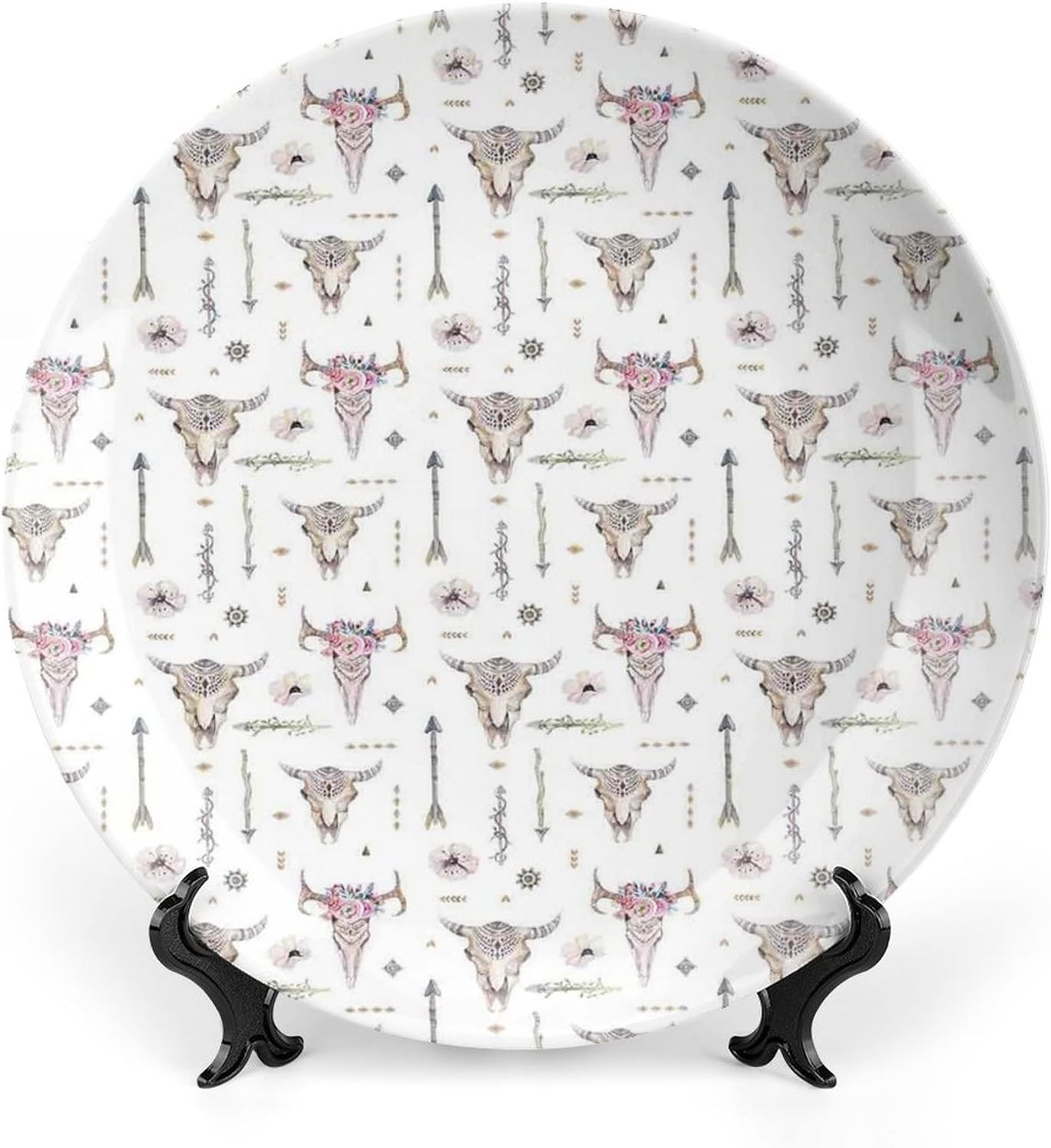 XISUNYA 7 Inch Decorative Plate, Arrow Decor Round Porcelain,Boho Pattern Artwork Arrows Feathers Cow Skulls Print Ceramic Wall Hanging for Home & Office Wall Hanging Decor