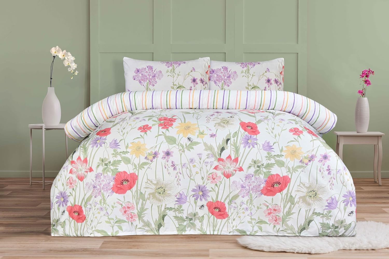 Axcent Comfort 3pcs Wild Flowers Duvet Cover Set King Size Wild Flowers Printed Duvet Cover & 2 Matching Pillowcases Reversible Quilt Covers Bedding Sets
