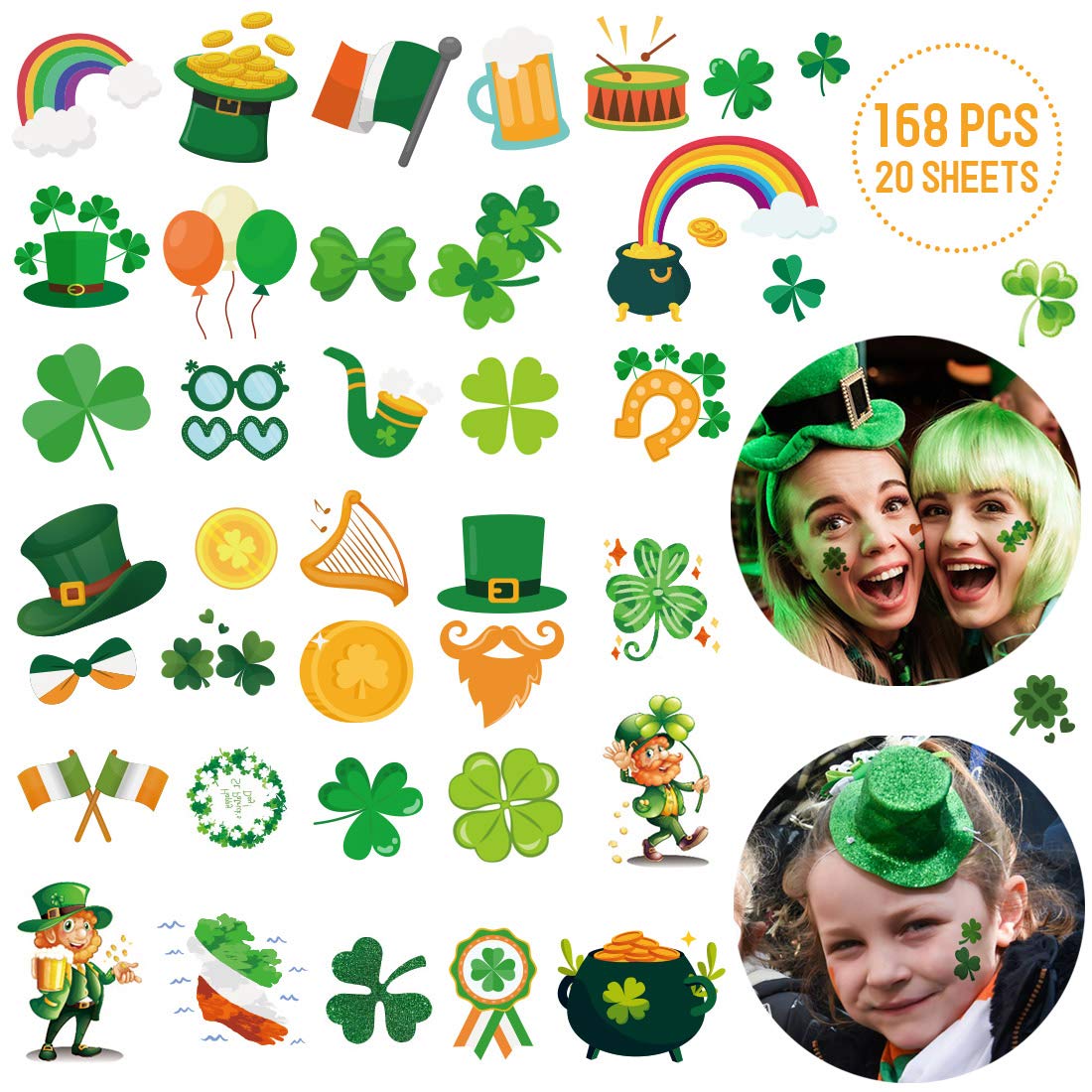 168 PCS St Patricks Day Tattoos Stickers Shamrock Tattoos Temporary Stickers Irish Tattoos Stickers for St. Patricks Day Parade Party Favors Decorations