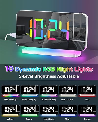 Miniatura 4 de SZELAM Reloj despertador de proyección, reloj digital con espejo LED de 7.4 pulgadas, pantalla grande, con proyector giratorio de 180, luz nocturna