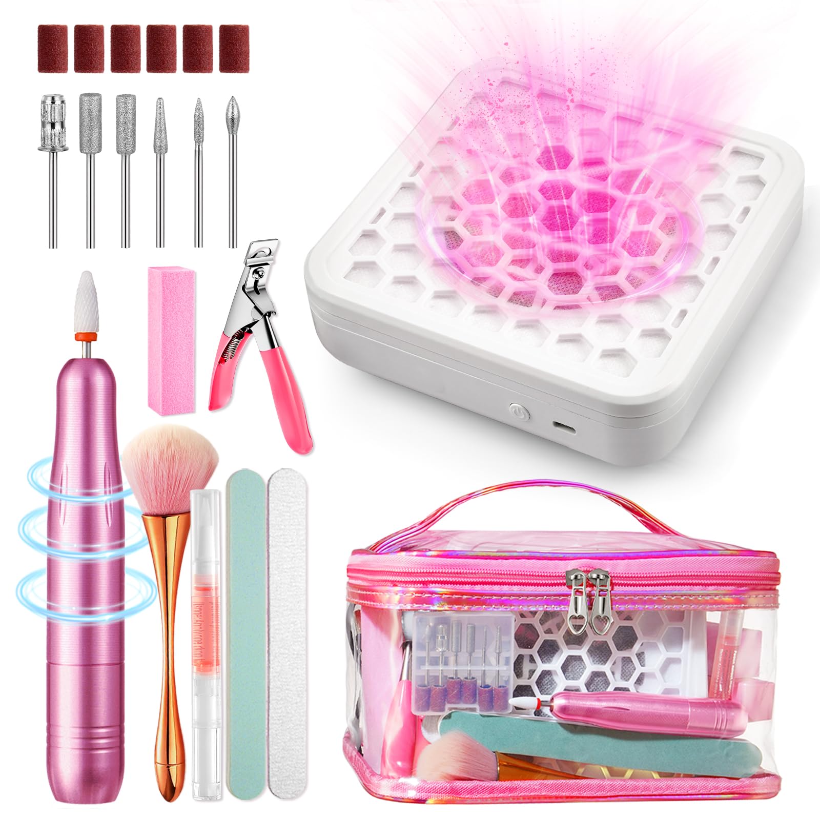 Kit de taladro de uñas con colector de polvo: lima eléctrica de uñas profesional de 20000 RPM con USB para eliminación de gel acrílico, herramienta de manicura y pedicura en bolsa de cosméticos para