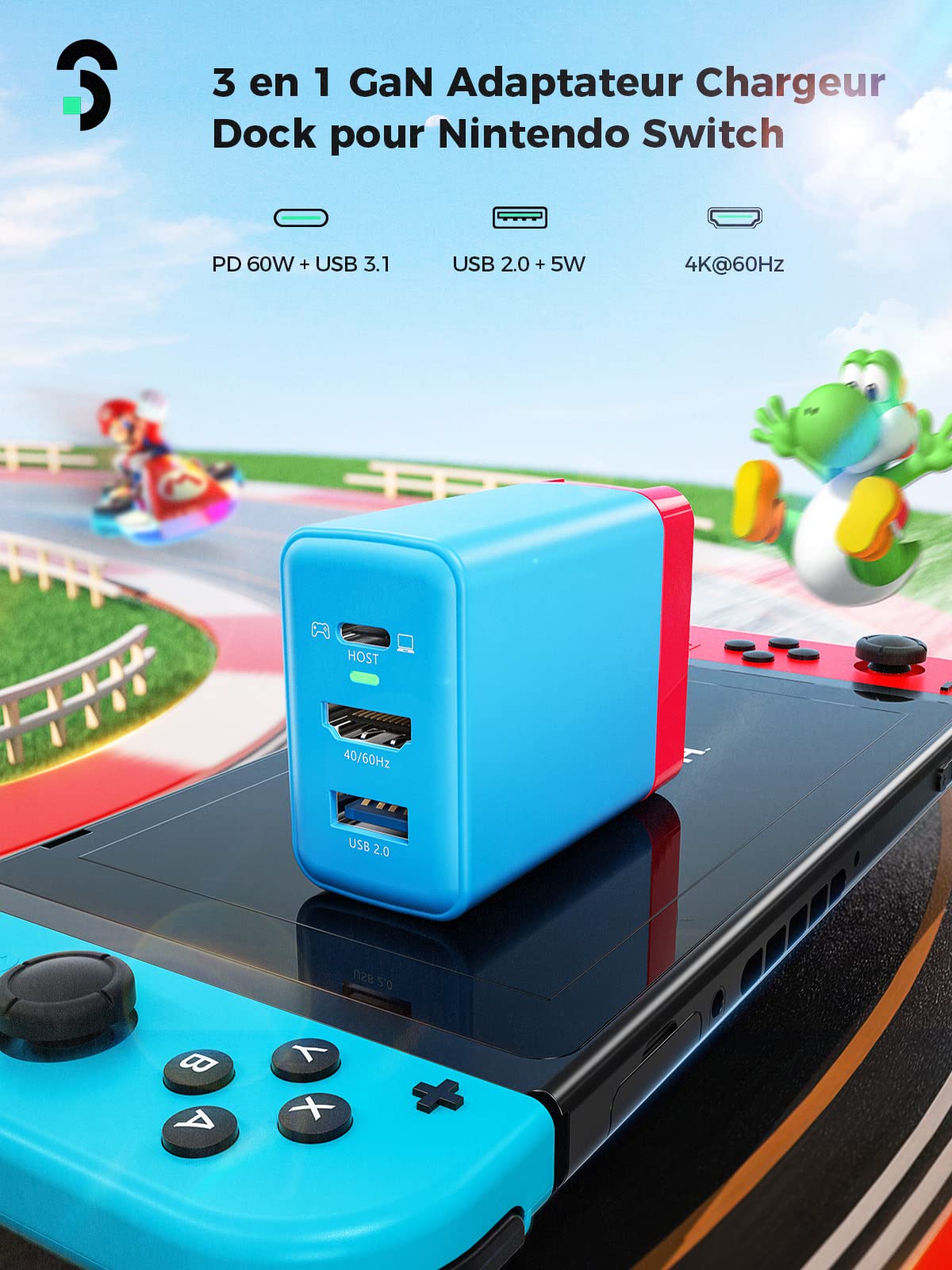 SOOMFON 3 en 1 Adaptateur Secteur 65W pour Nintendo Switch Switch TV Dock Portable et Chargeur avec HDMI et Port USB-C, USB-A, Chargeur Switch Station Compatible avec Switch OLED/Steam Deck