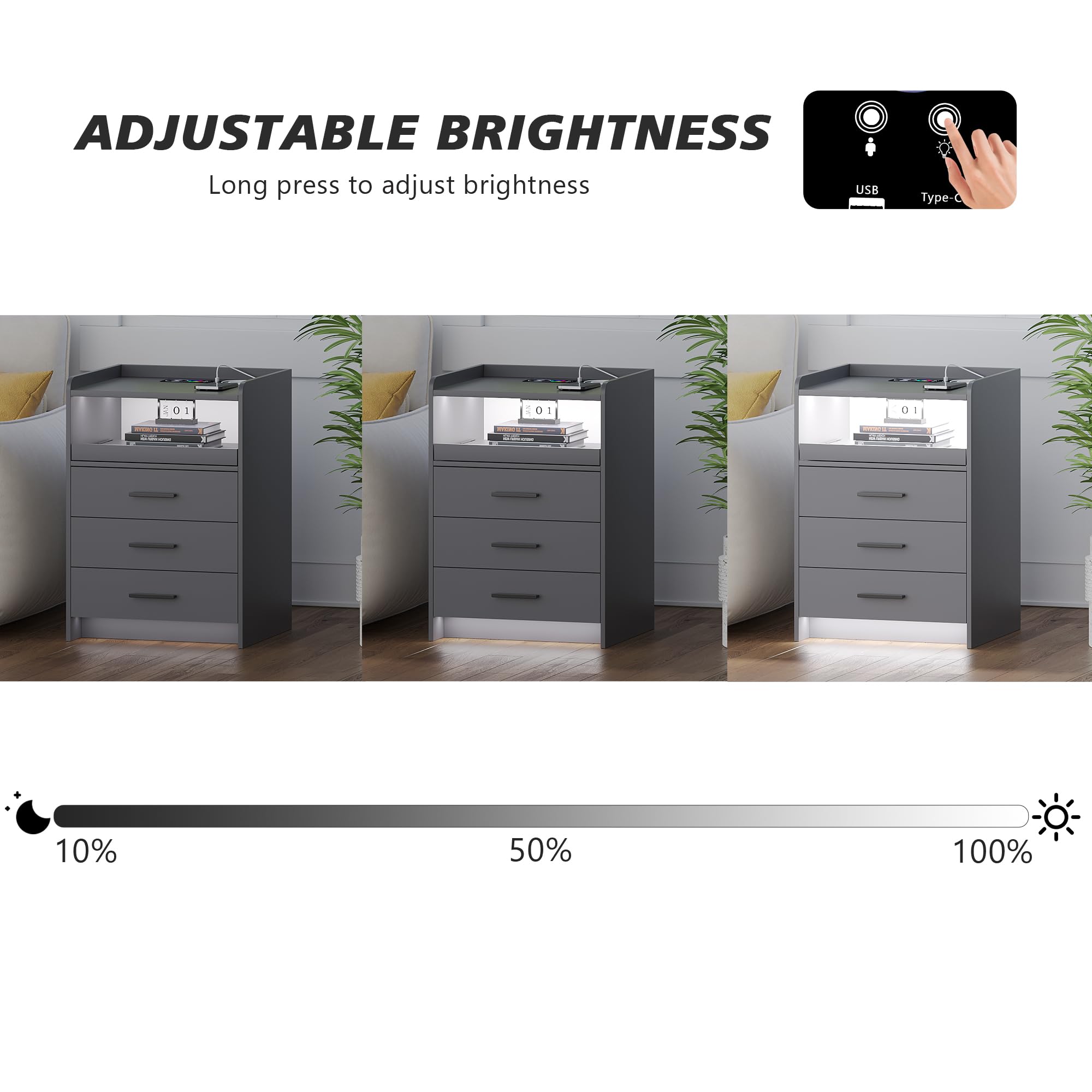 Gurexl LED 2 pezzi comodino con stazione di ricarica，cassettiera camera con sensore del corpo umano e 24 RGB leggero ，comodini moderni da letto legno da letto con 3 cassetti per Camera，Grigio