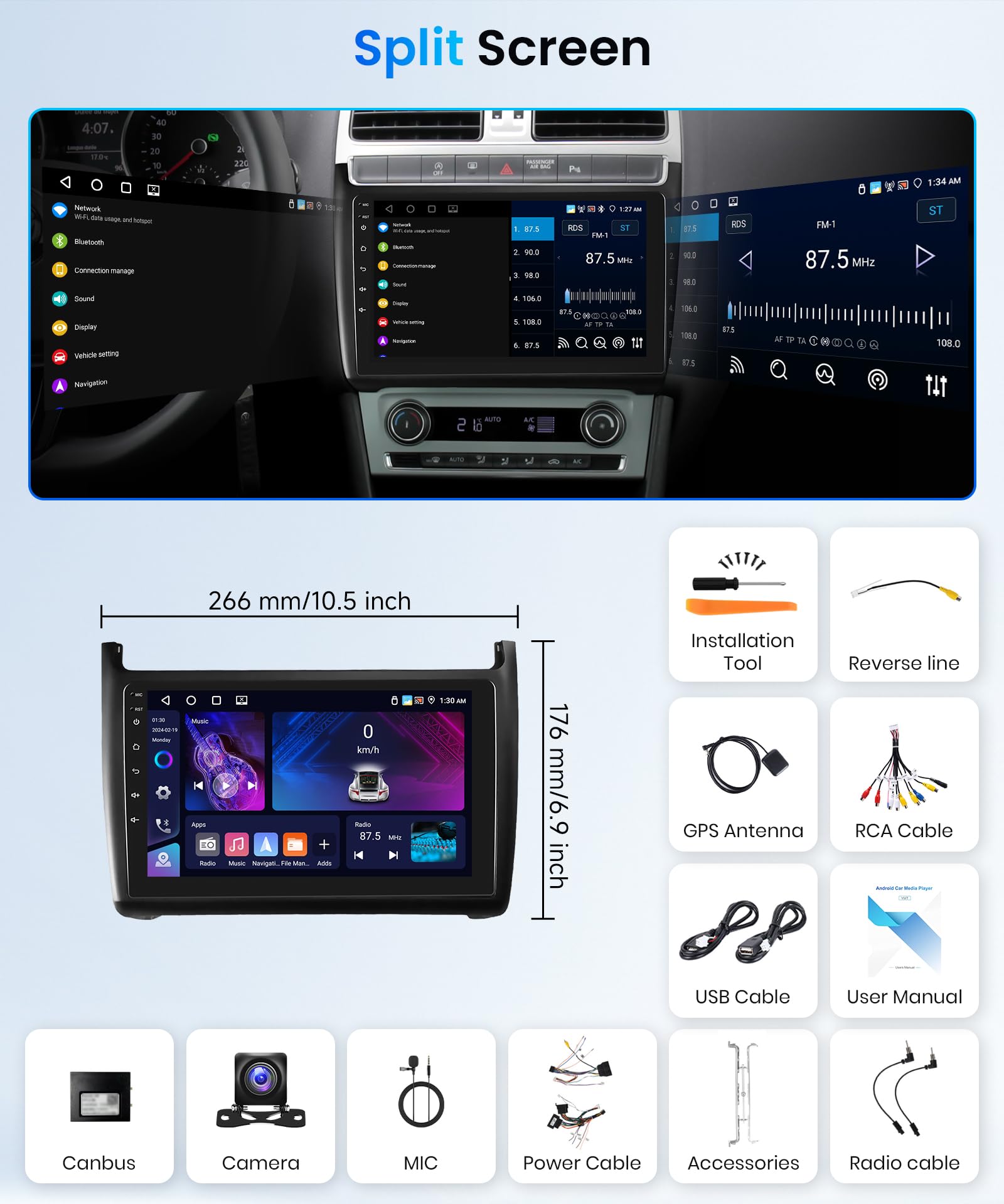 4G+64G Android Radio Coche para VW Polo 6R 6C 9N 2008-2016 9'' Pantalla con Wireless Carplay Android Auto WiFi/FM/RDS/EQ Navegación GPS Mirror Link Bluetooth Controles del Volante Cámara Trasera
