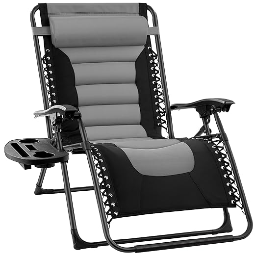 Best Choice Products Oversized Padded Zero Gravity Chair, Folding Outdoor Patio Recliner, XL Anti Gravity Lounger for Backyard w/Headrest, Cup Holder, Side Tray, Polyester Mesh - Gray