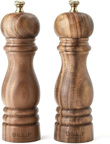 BILL.F - Molinillo de sal y pimienta, molinillo de pimienta, molinillos de sal, juego de 2 con rotor de cerámica ajustable de 7 pulgadas