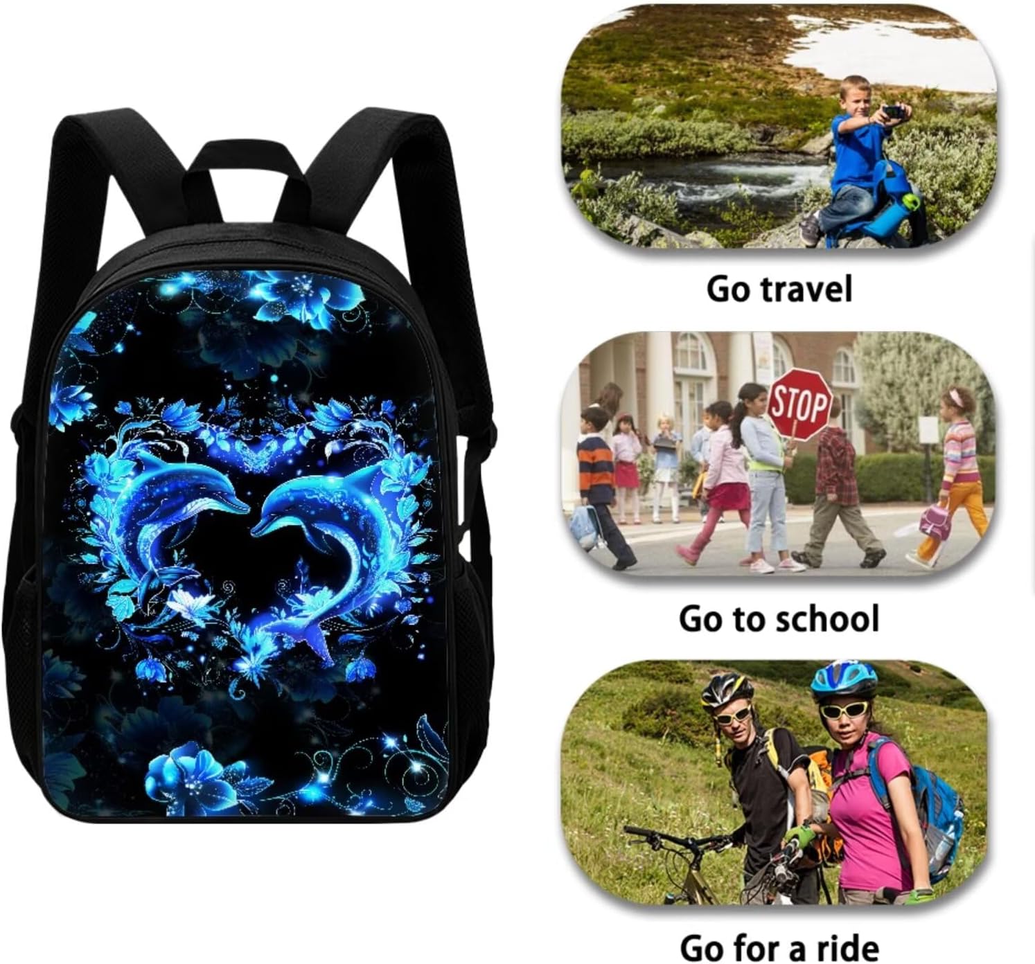 Xoenoiee Dolphin Heart Floral Blue Pattern 3 Pcs Kids BookBag+Lunch Box+Pencil Bag for Primary/Middle School Bag Backpack Set for Boys Girls