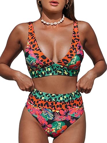 Hilinker Bikini de leopardo para mujer, cuello en V, cintura alta, trajes de baño de 2 piezas
