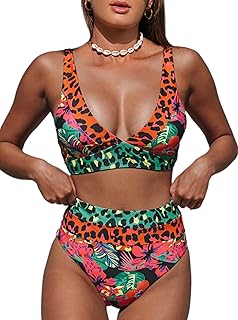 Bikini de leopardo para mujer, cuello en V, cintura alta, trajes de baño de 2 piezas