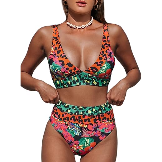 Hilinker Women's Leopard Bikini Swimsuits V Neck High Waisted 2 Piece Bathing Suits Coral Small