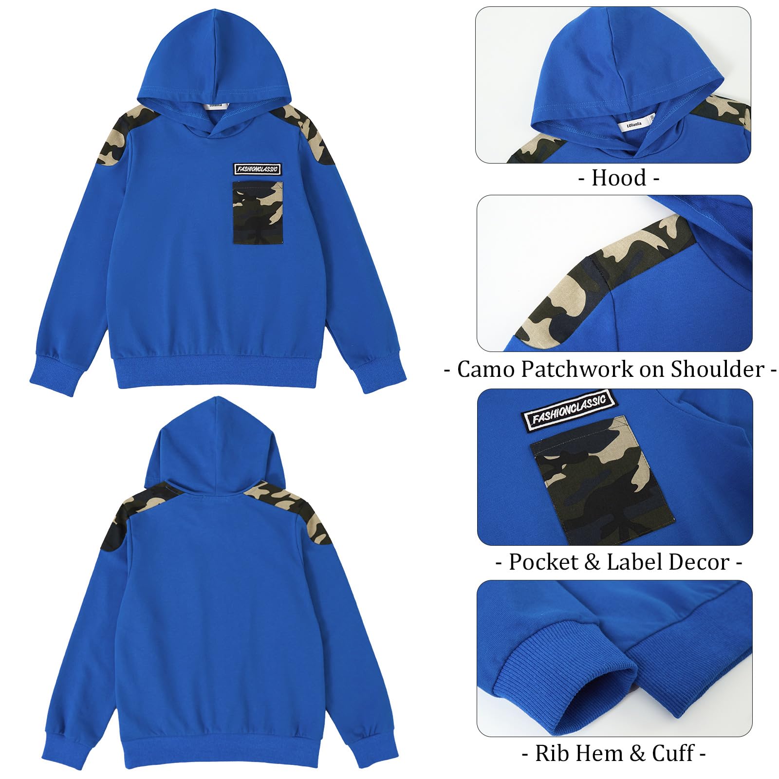 LOLANTA 2PCS Tuta da Ginnastica per Bambini Felpa per Ragazzi Top con Cappuccio e Pantaloni da Cargo Mimetici per 6-13 anni