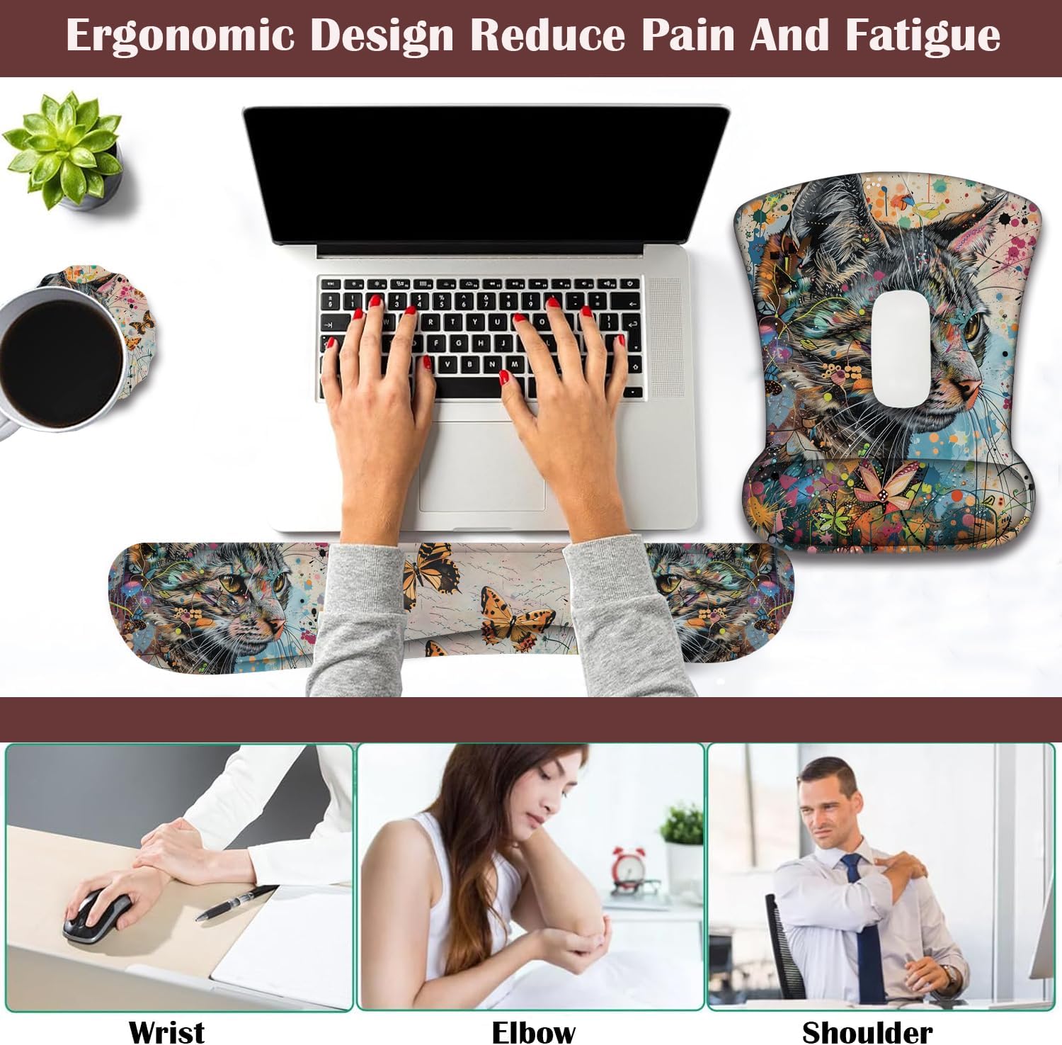 Keyboard Wrist Rest and Mouse Pad Wrist Support with Lace-Shaped Coaster Set, Ergonomic Gel Memory Foam and Anti-Slip Base, Easy Typing and Pain Relief - Kitty