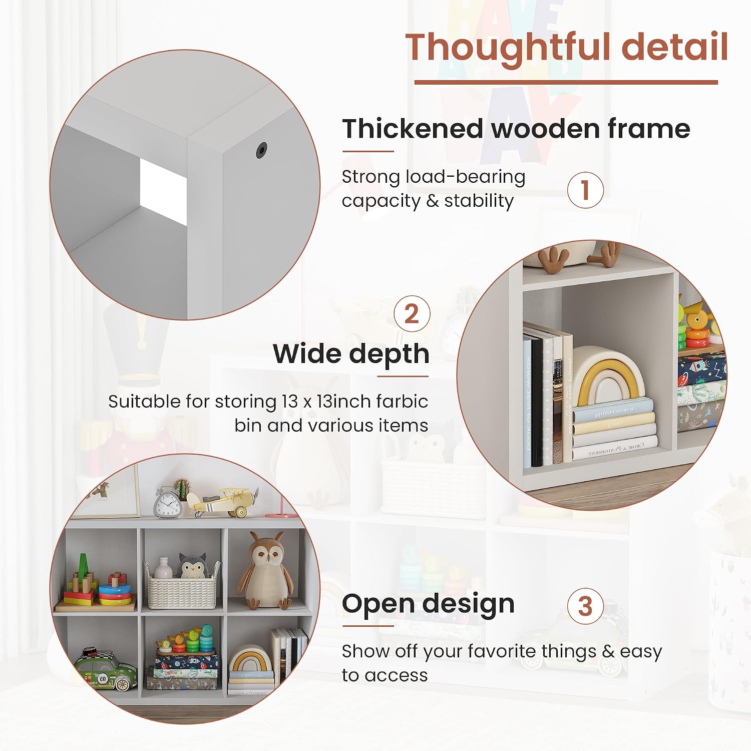 6 Cube Kids Toy Storage Organizer with Thickened Wooden Frame, Wooden Toys Storage Organizer with 6 Cubbies Storage Shelves, 6 Cube Book Shelves Storage for Kids Room, 14.6 x 43.8 x 30.7, White