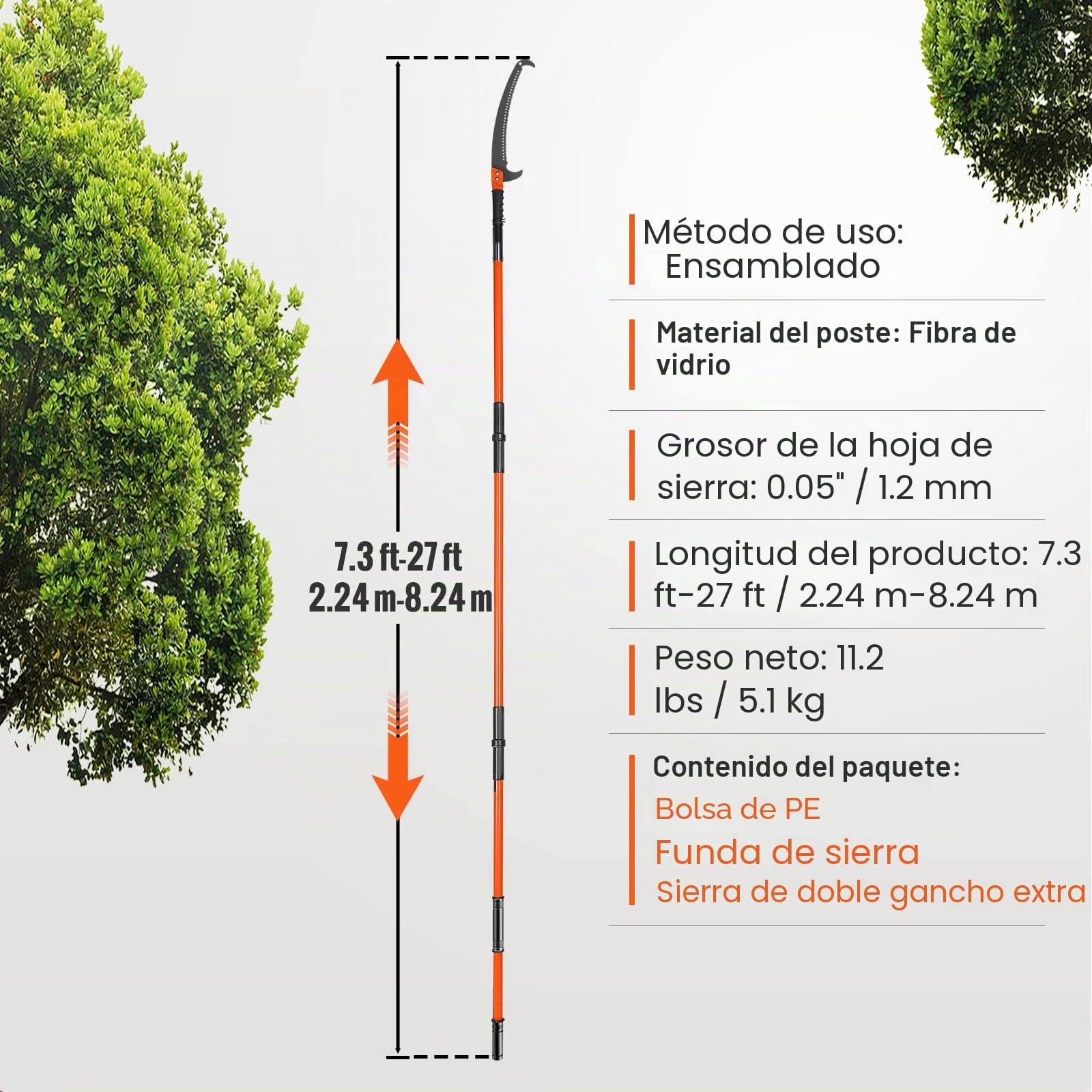 VEVOR Sierra de Poda Telescópica 2,24-8,24 m Sierra de Pértiga Extensible con Hoja de Acero Cortante Sierra de Poda con 8 Pértigas de Fibra de Vidrio Corta Ramas Altas para Podar Palmeras Arbustos