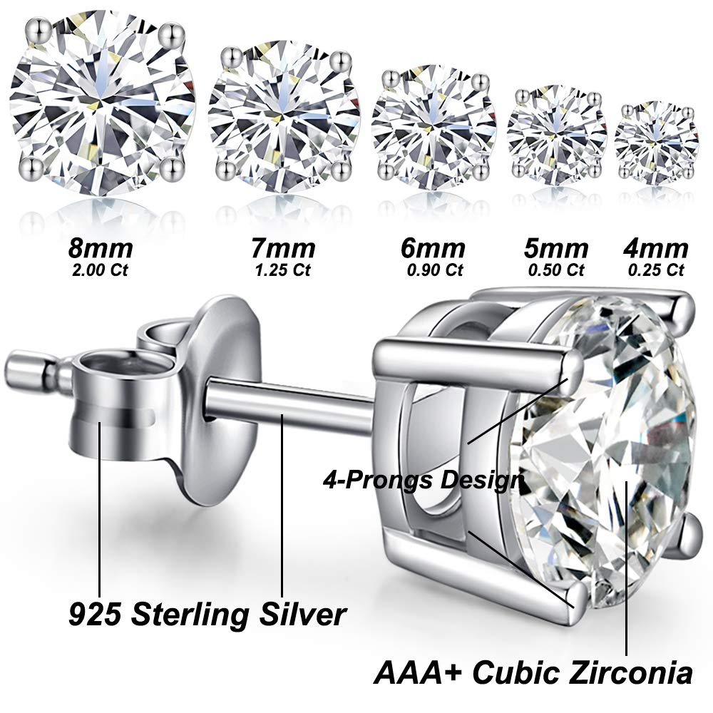 Miaofu Orecchini 18k Oro Bianco Placcata Orecchini 925 Argento Sterlina Zirconi Simulato Diamante Brillanti per Donna Uomo 4-8mm I Orecchini Zirconi Cubica Swarovski Dimensioni 3mm-8mm