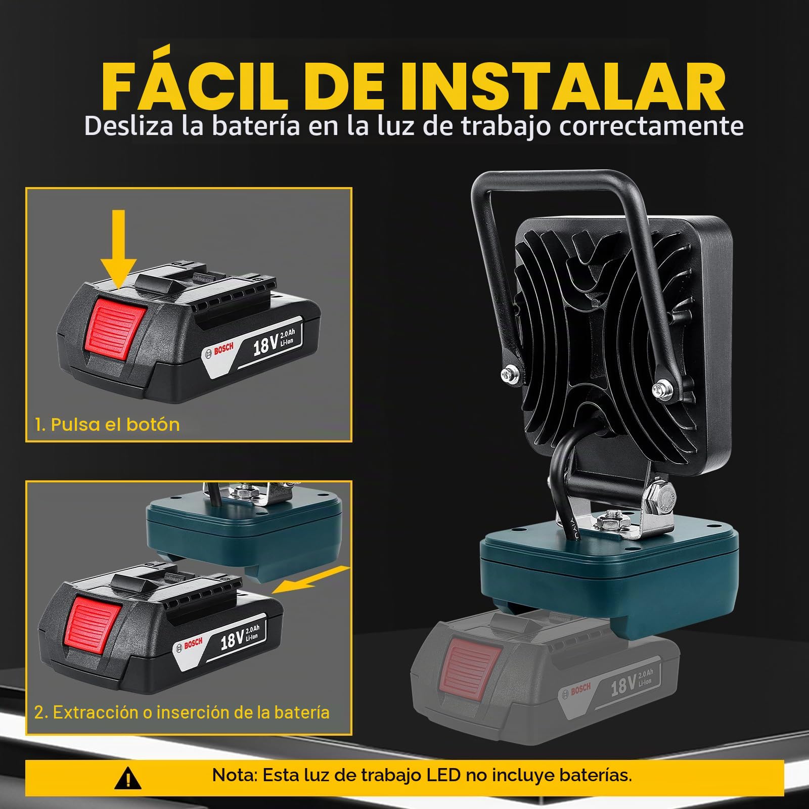 SKYWORLD Luz de trabajo LED inalámbrica para batería Bosch de 18 V, 48 W, 4800 lm, reflectores portátiles para iluminación de camping de bajo voltaje al aire libre, taller, garaje, lugar de trabajo