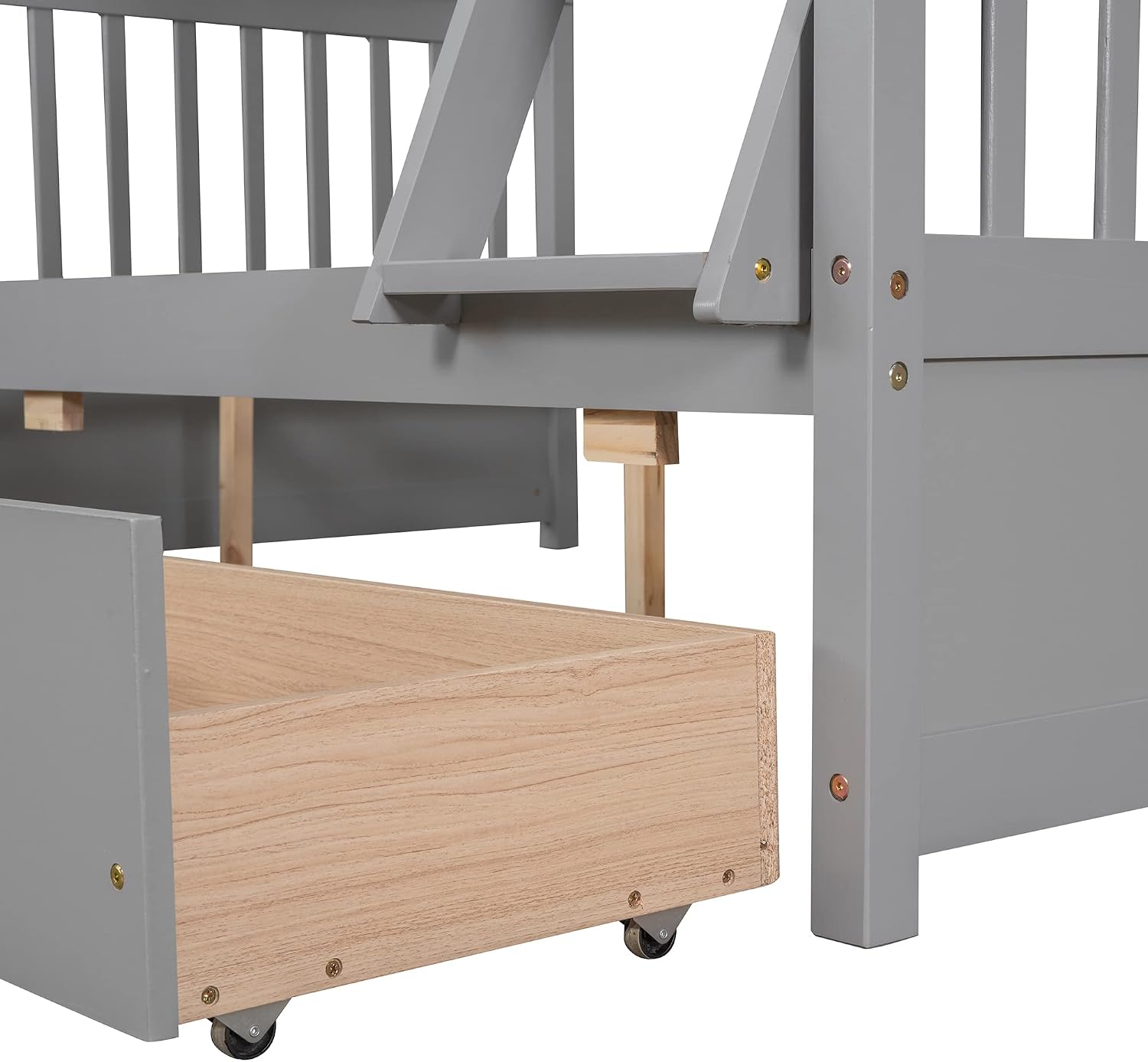 Merax Solid Wood Twin Over Full Bunk Bed with Two Storage Drawer, Removable Ladder and Safety Guardrail, Convertible to 2 Separated beds, Grey