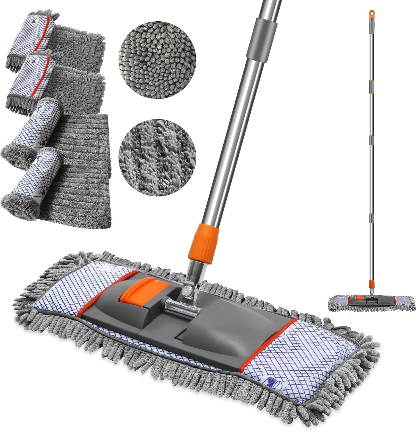 57-inch Professional Microfiber Mop Floor Cleaning Kit with 4 Washable mop Pads for Multiple Floor Surfaces. Features an Extra-Long Telescopic Handle for deep-Reach Cleaning in Hard-to-Reach Corners
