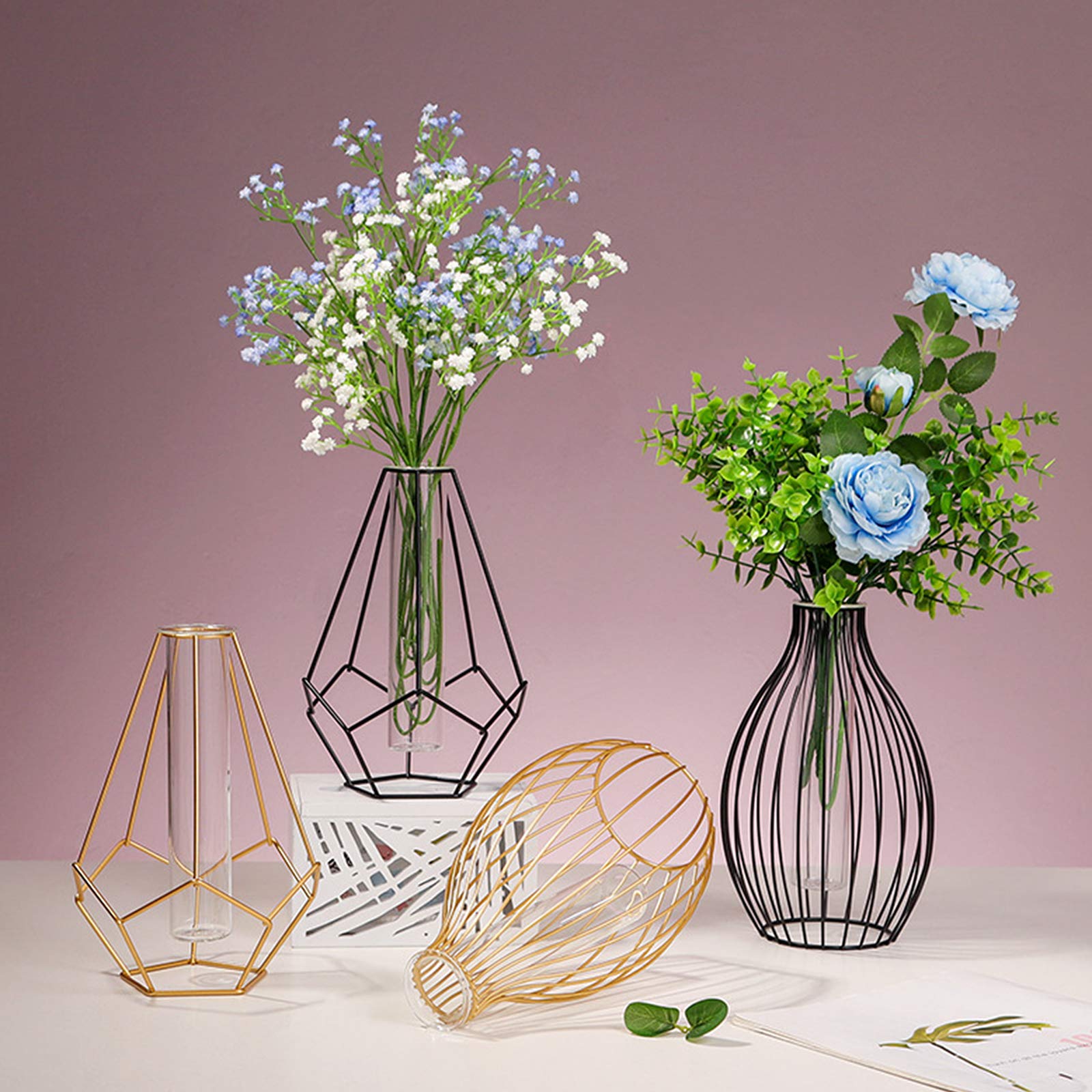 Vaso Portafiori In Metallo Con Provette In Vetro Trasparente – Nero – Ideale Per Piante Idroponiche E Fiori Secchi – Decorazione Da Scrivania - 3