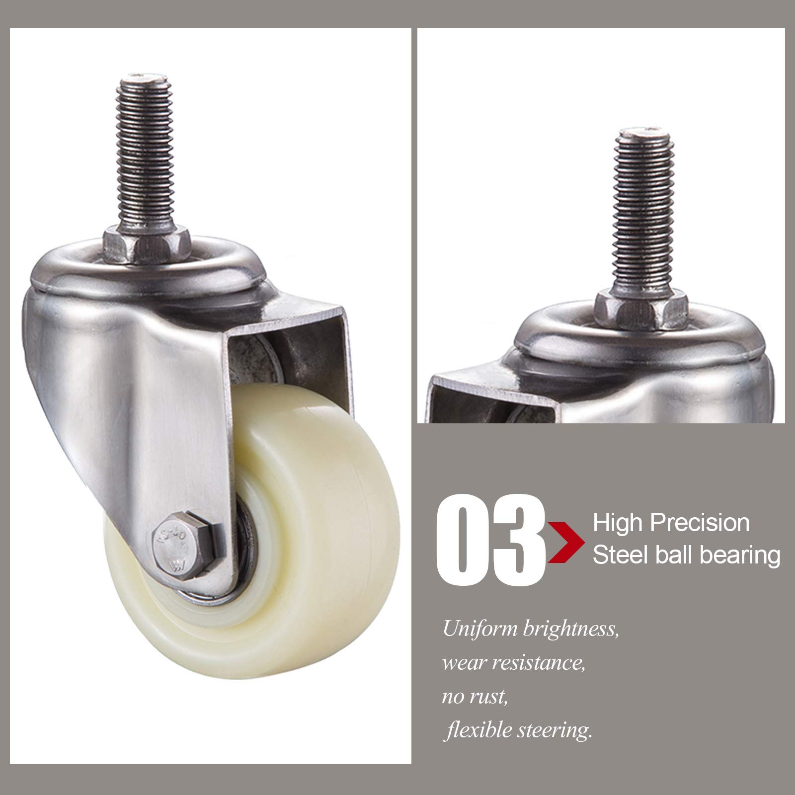 Jolan 4 Piezas,Ruedas De Nailon con Freno,Ruedas Giratorias,Ruedas De Transporte,Pernos M8/M10/M12,Ruedas para Muebles Pesados,Carga De 400Kg,4brakes,50mm/M10