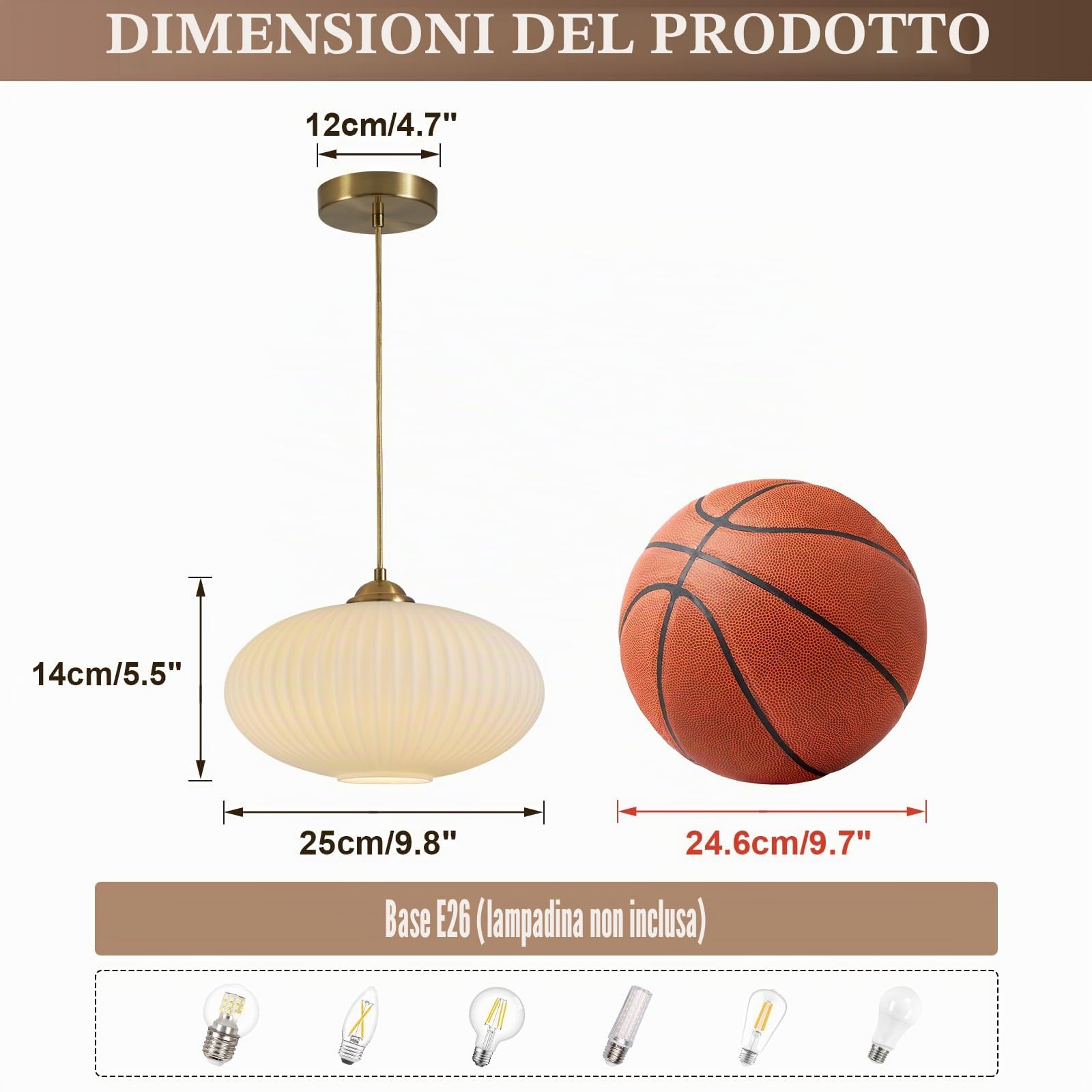 KCO Illuminazione Mid Century Modern Globo in Oro Applique a Sospensione in Ottone Spazzolato con Vetro Bianco Opale Applique da Cucina in Stile Casale a Sospensione Singola per Isola da Cucina