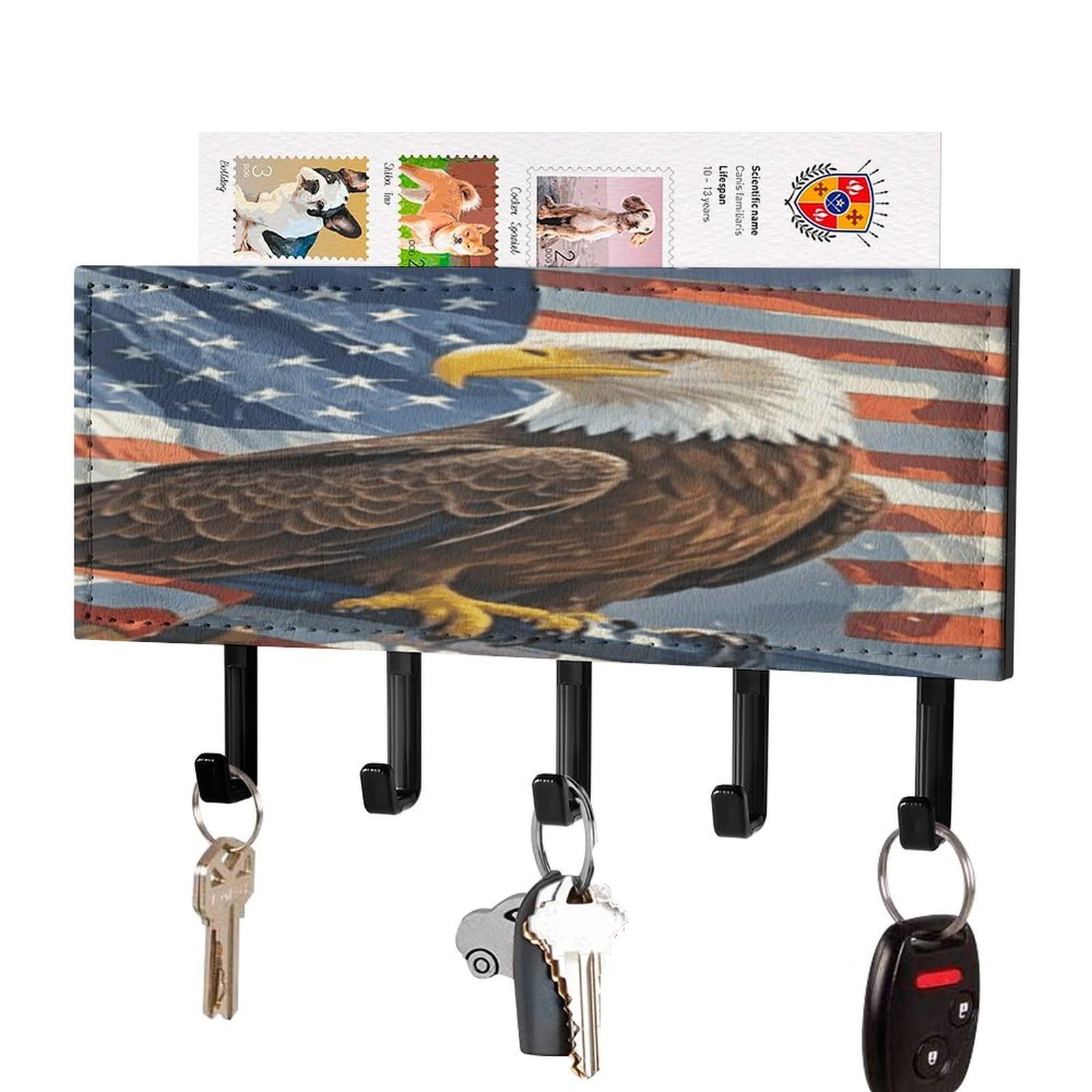 FekiLoot America Flag and Eagle Key Holder Wall Mount Key Hanger with 5 Hooks Decorative Key Rack Hanging Key Hooks with Mail Organizer Key Holder for Wall Living Room Kitchen Bathroom Hallway Black