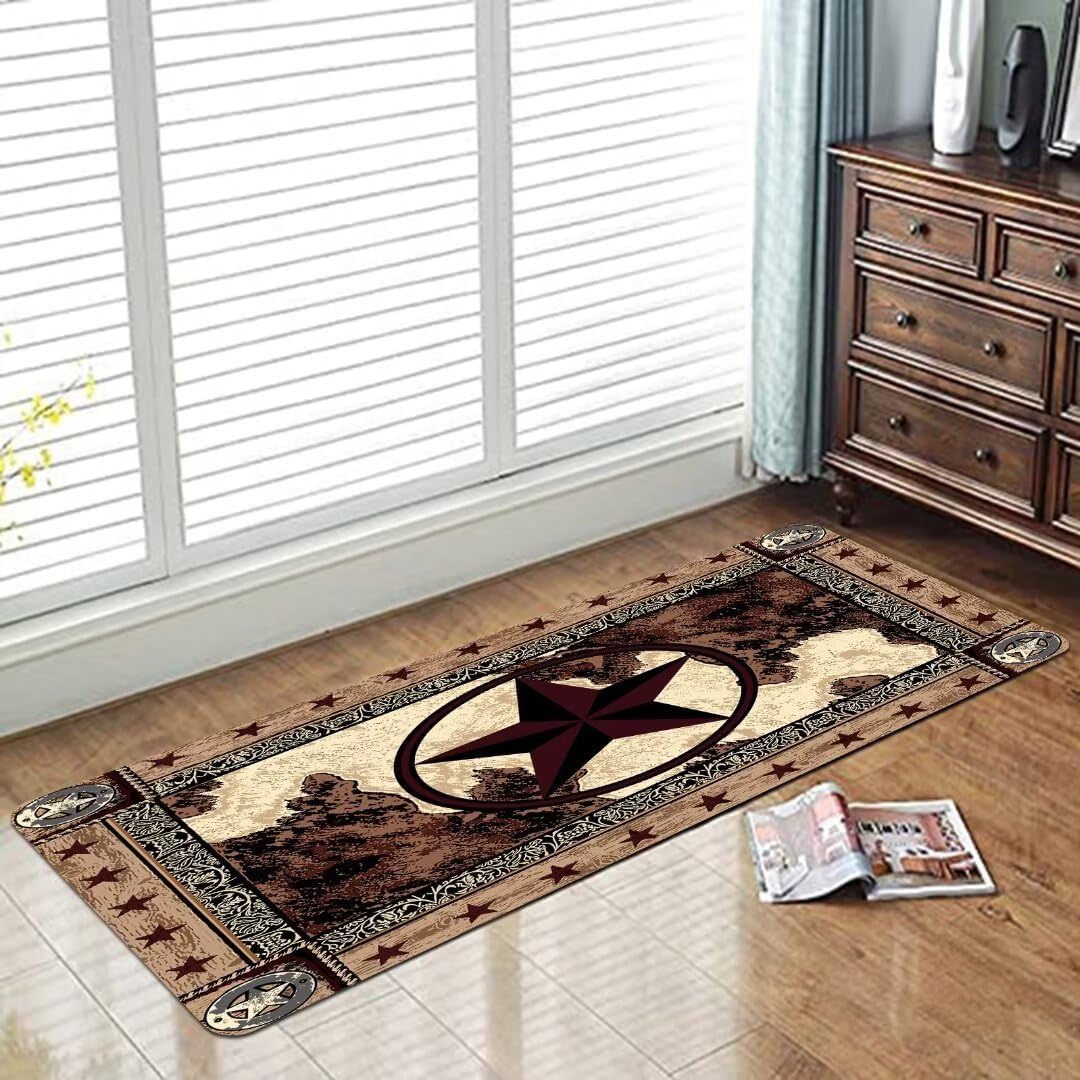 Western Runner Rug for Hallway,Texas Star Vintage Style Stars on Wood Panel Print Rustic,Non-Slip Floor Carpet Hallways Doormat Entryway Bedroom Bathroom Washable Kitchen Rugs Laundry Room Rug Runner - Image 3
