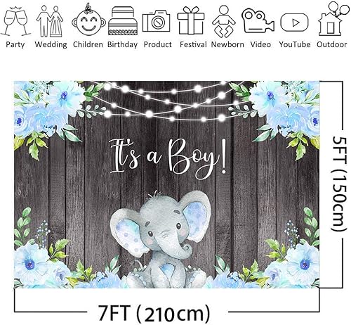Miniatura 4 de Avezano Telón de fondo de elefante para niños, decoración de fondo de baby shower para niño, diseño rústico de madera gris con texto en inglés "It's