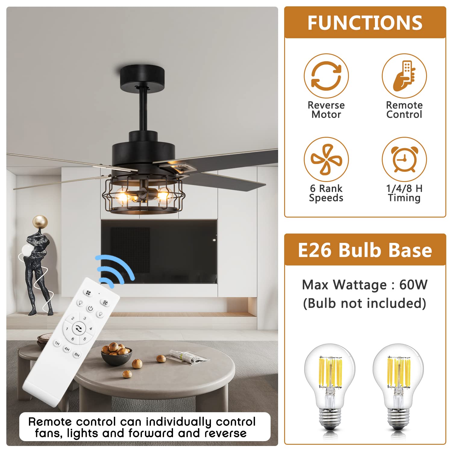 Morpholife 52" Black Ceiling fans with Lights Remote Control, Farmhouse Caged chandelier fan, 6-Speed Timing, Industrial Rustic Fan with 4 Reversible Blades for Living Room, Bedroom, Kitchen