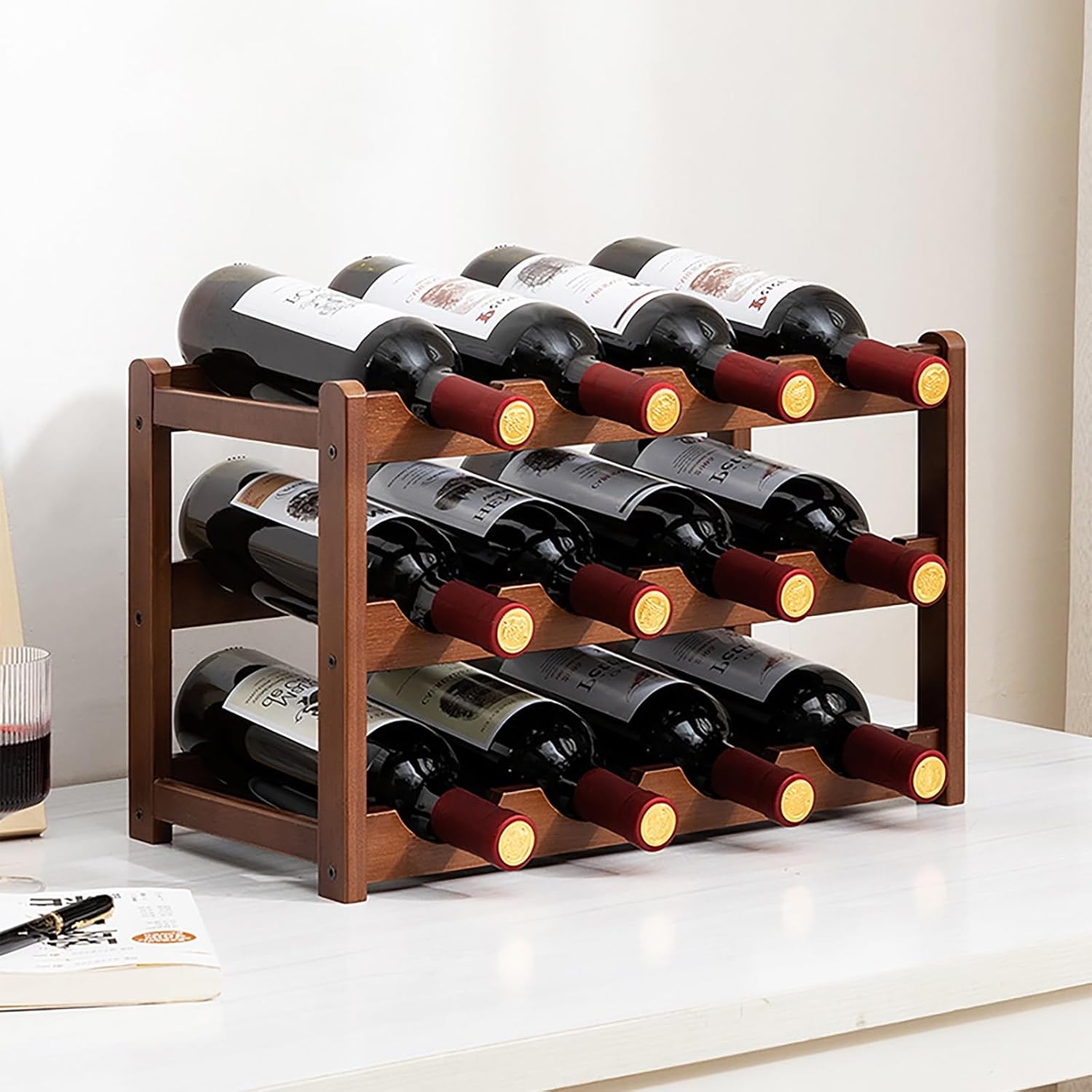 Estante para vino de bambú, soporte para 16 botellas, 4 niveles