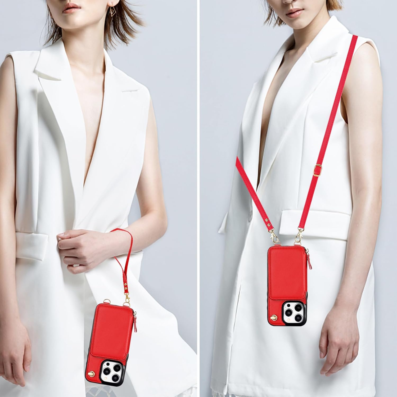 Bocasal Crossbody Wallet Case for iPhone 15 Pro, RFID Blocking Leather Purse Case with Card Holder, Protective Handbag Flip Cover with Zipper Wrist Strap Lanyard for Women 5G 6.1 Inch (Red)