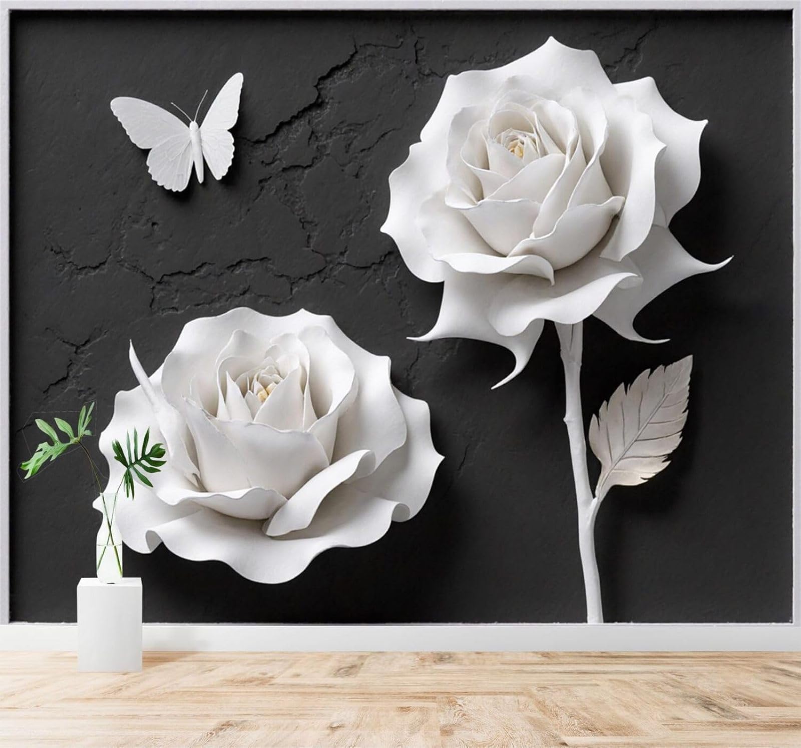XLMING Minimalist Three Dimensional White Rose Butterfly Dark Texture 3D Wallpaper Silky Texture Home Study Office Grey Dining Room Sofa Bedroom Living Room TV Backdrop-200cm×140cm