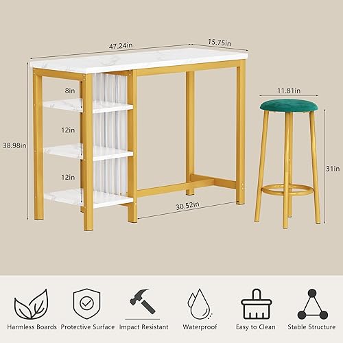 Miniatura 5 de Hooseng Juego de 2 mesas de bar de 47.2 pulgadas de altura de pub con mesa de mármol sintético y 2 taburetes redondos, juego de mesa de cocina de 3