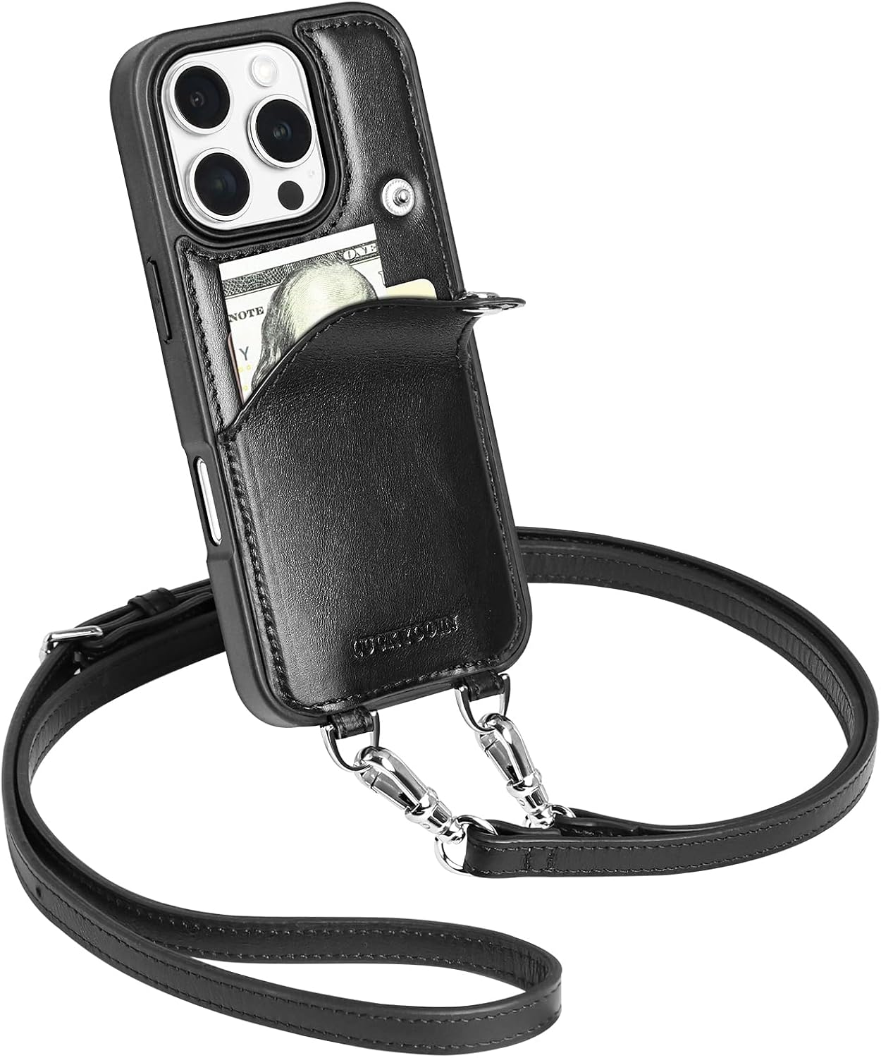 LUCKYCOIN for iPhone 16 Pro Crossbody Wallet Purse Phone Case, Genuine Leather Phone Case for Women,for iPhone Purses with Expandable Card Holder & Adjustable Removable Crossbody Strap - Black