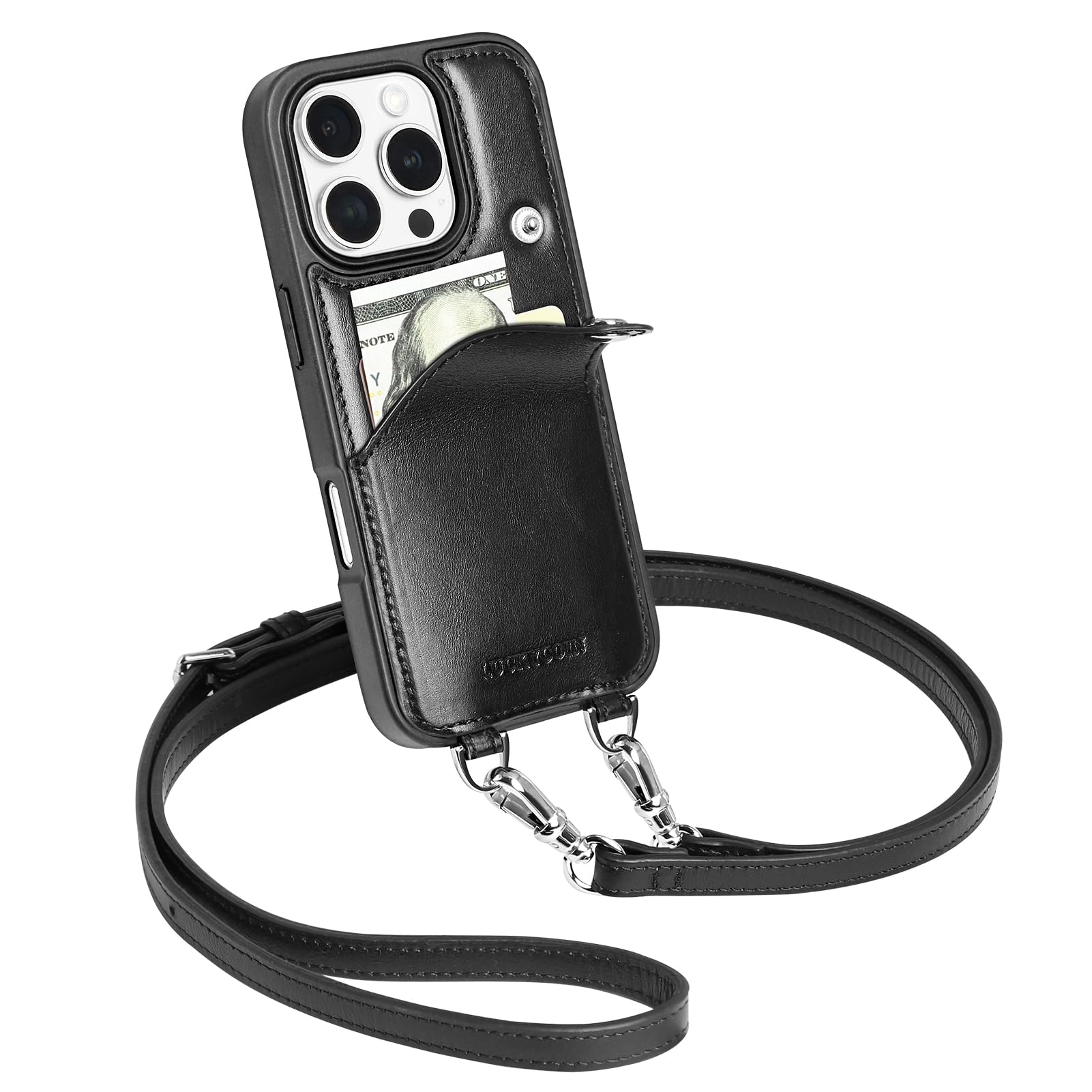 LUCKYCOIN for iPhone 16 Pro Crossbody Wallet Purse Phone Case, Genuine Leather Phone Case for Women,for iPhone Purses with Expandable Card Holder &