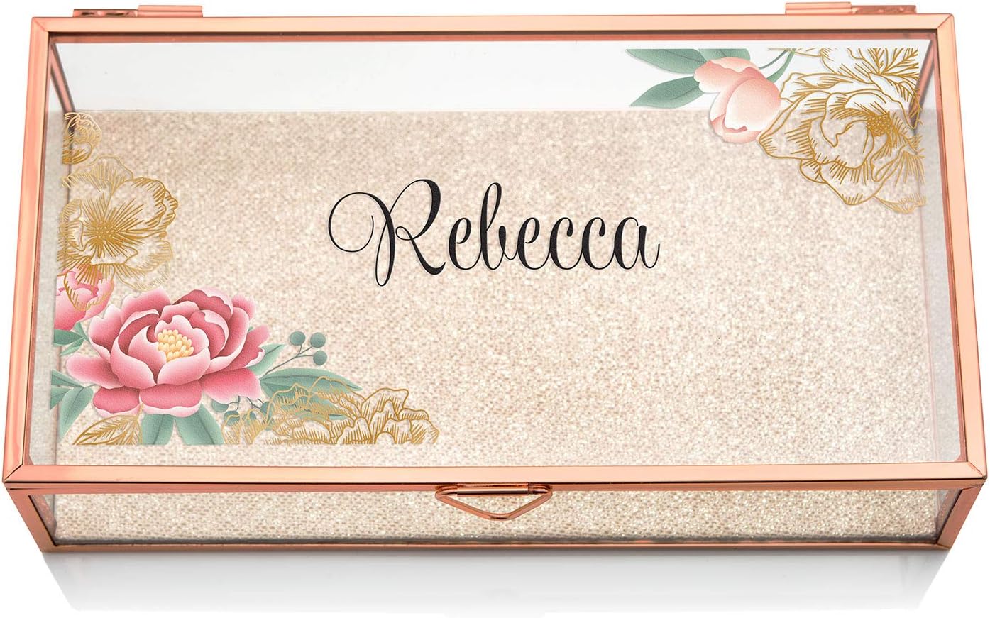 WEDDINGSTAR Personalized Large Rectangle Glass Jewelry Box Organizer Rose Gold Edges - Modern Floral Print