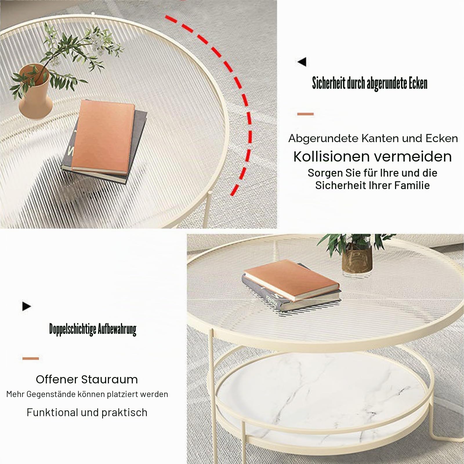 Runder Couchtisch aus gehärtetem Glas, 2-stöckiger Beistelltisch mit Metallrahmen, moderner, platzsparender Mitteltisch für Wohn- und Esszimmer (60 x 45 cm, Schwarz A)