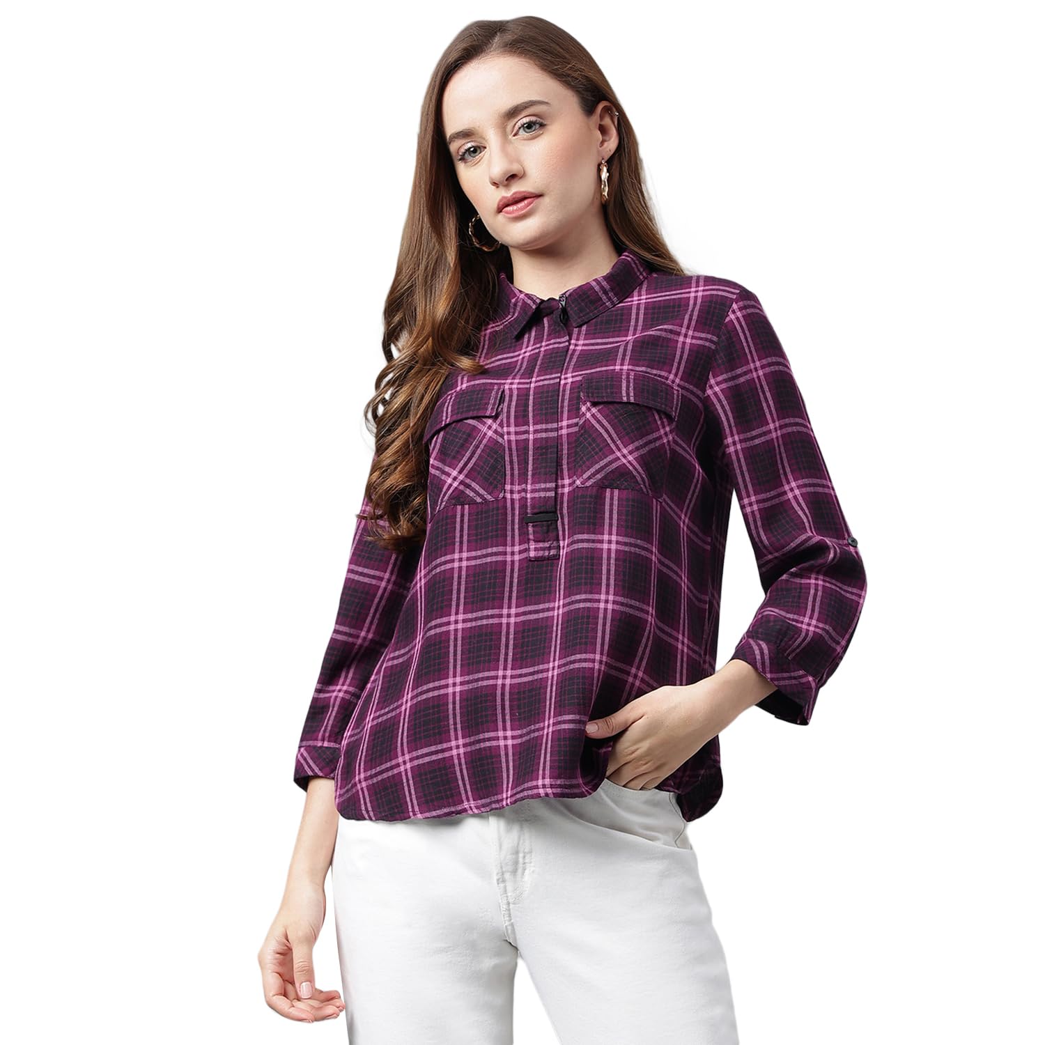 Latin QuartersWomen Regular Fit Wine Color Button Down Collar Casual Shirt
